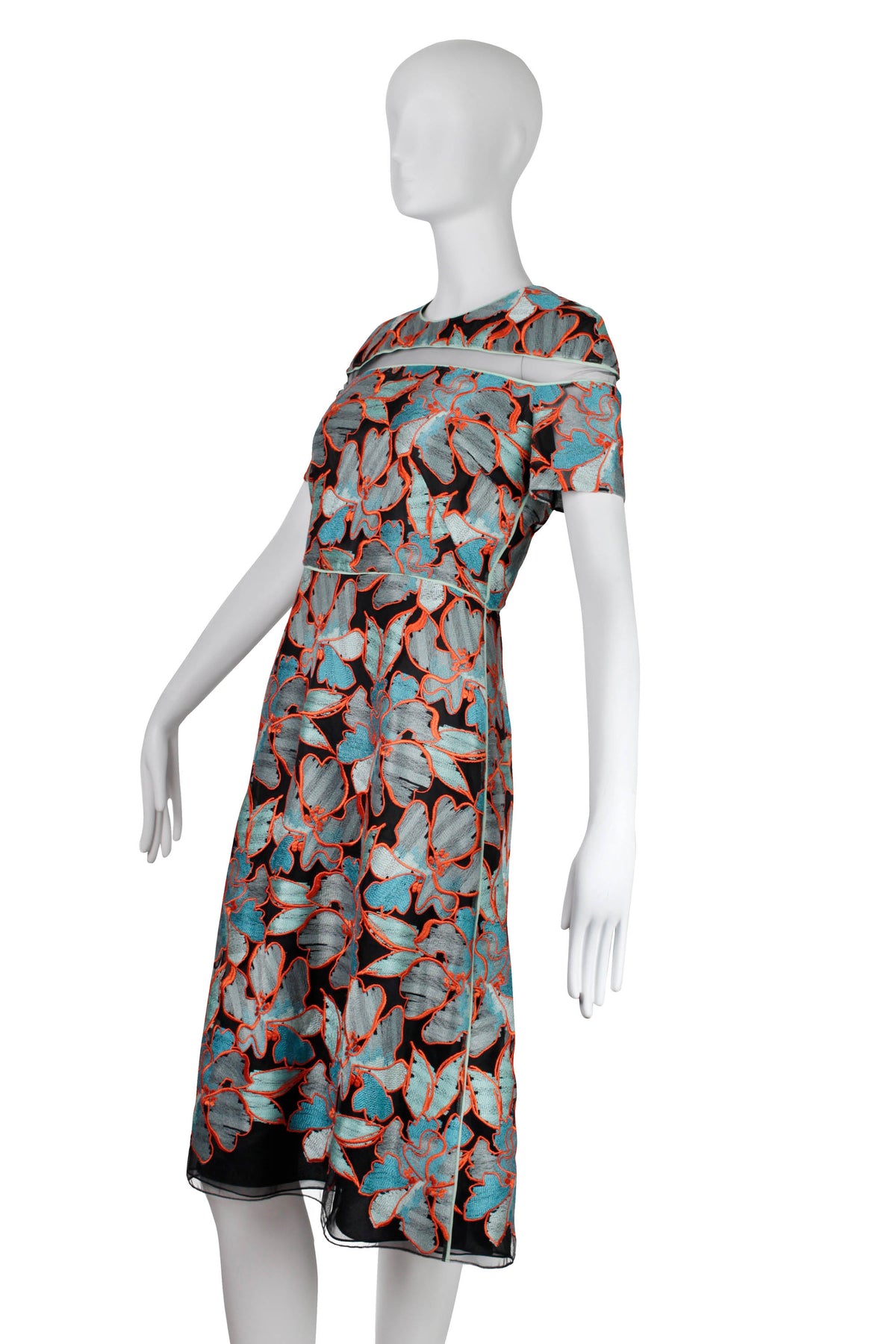 Fendi Turquoise Black and Orange Ember Short Sleeve Midi Dress Size 42