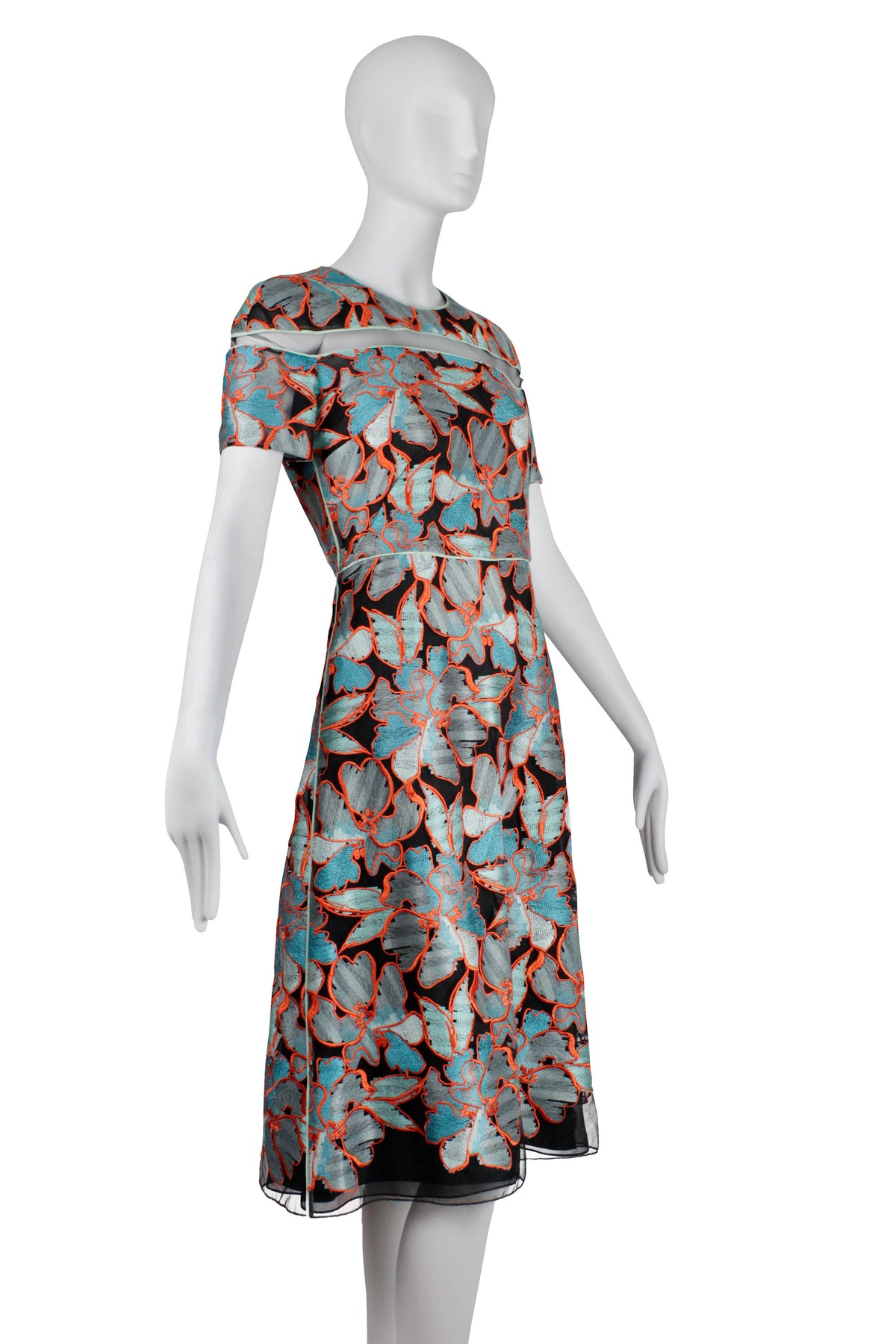 Fendi Turquoise Black and Orange Ember Short Sleeve Midi Dress Size 42