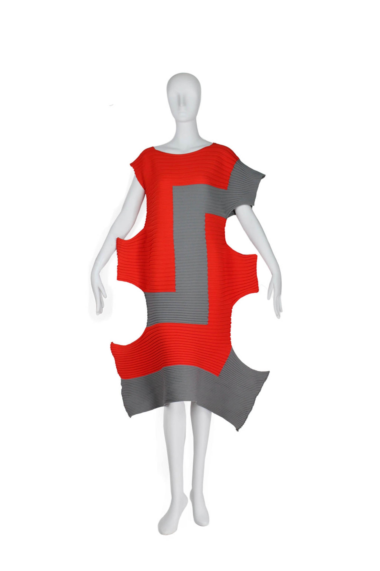 Issey Miyake Red and Grey Rectilinear Abstract Dress FW 23 Size O/S