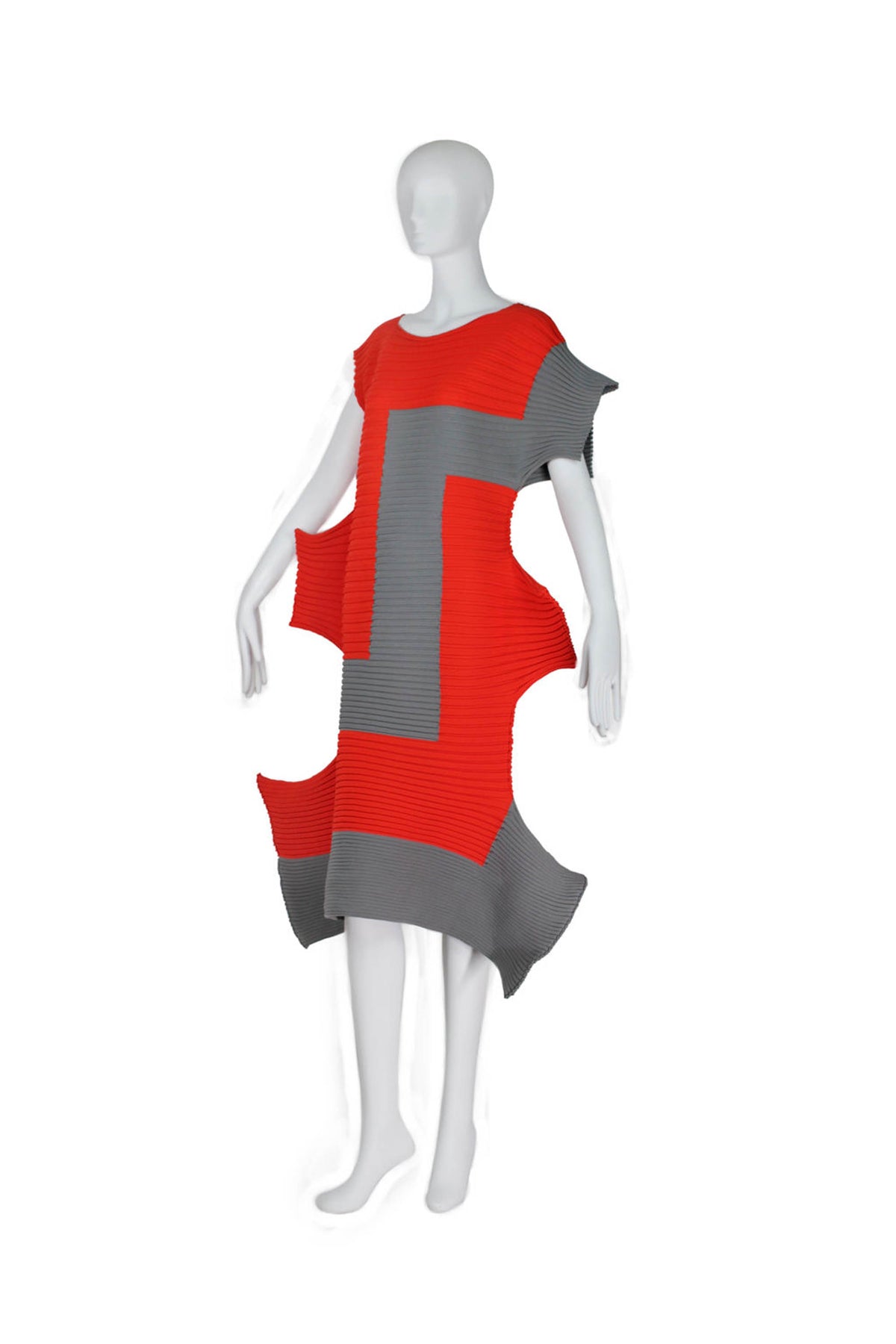 Issey Miyake Red and Grey Rectilinear Abstract Dress FW 23 Size O/S