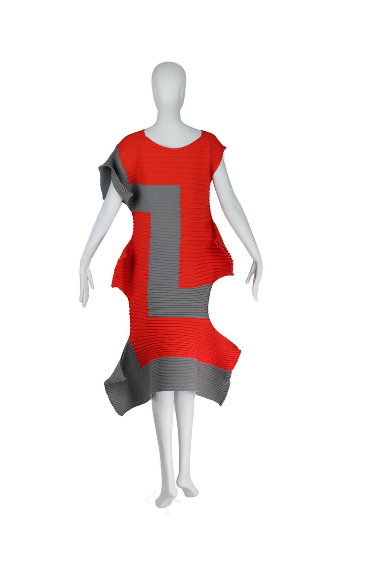 Issey Miyake Red and Grey Rectilinear Abstract Dress FW 23 Size O/S