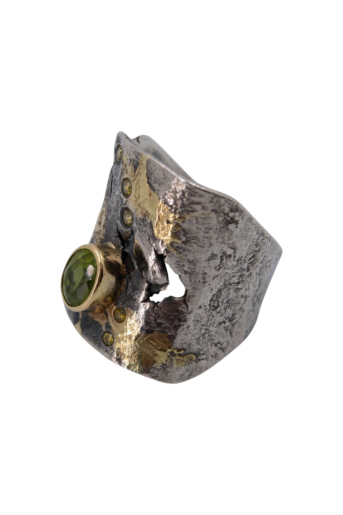 Artisan Signed Goph Sterling and Gold Textured Ring with Peridot
