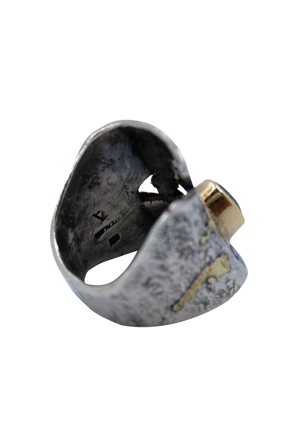 Artisan Signed Goph Sterling and Gold Textured Ring with Peridot