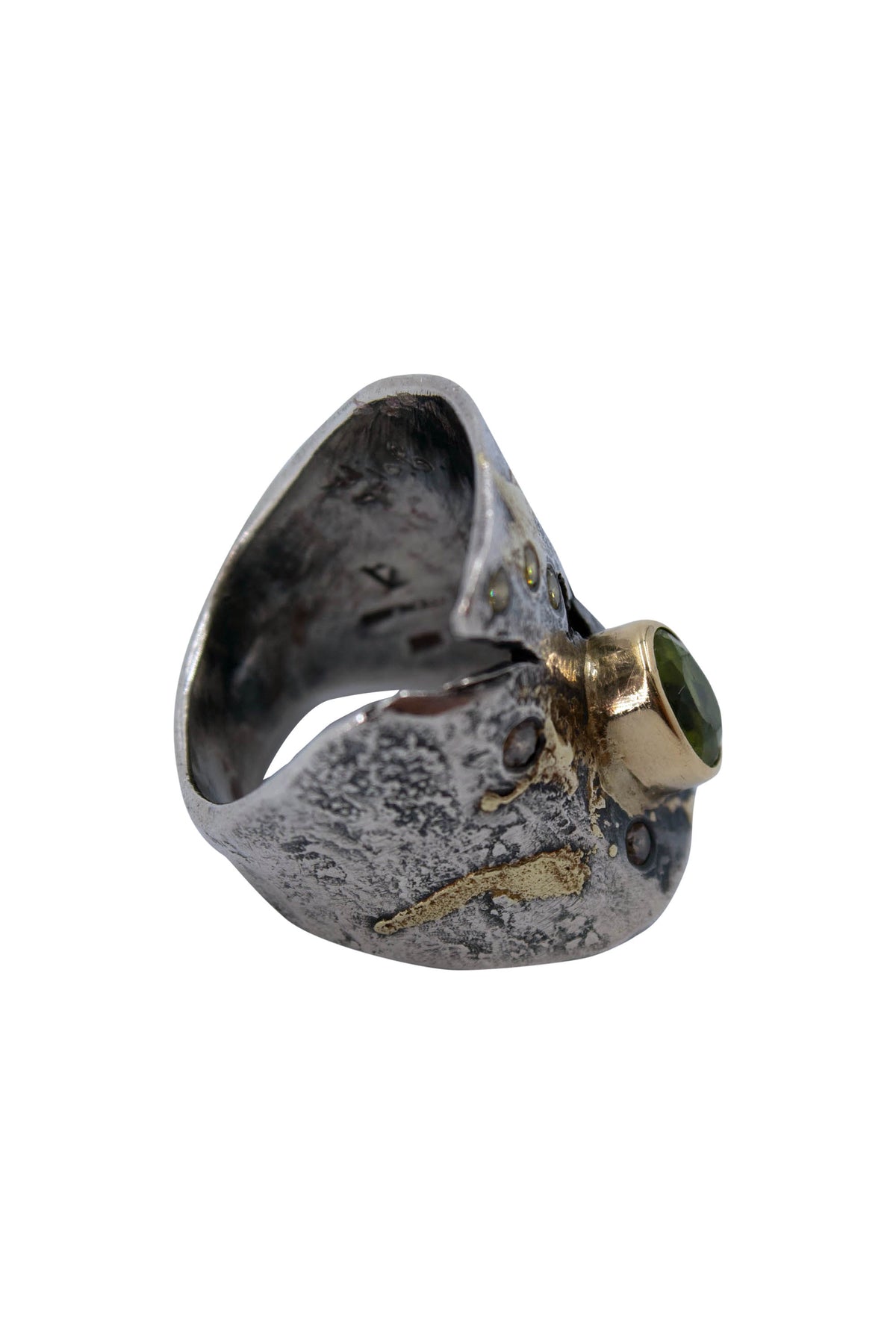 Artisan Signed Goph Sterling and Gold Textured Ring with Peridot