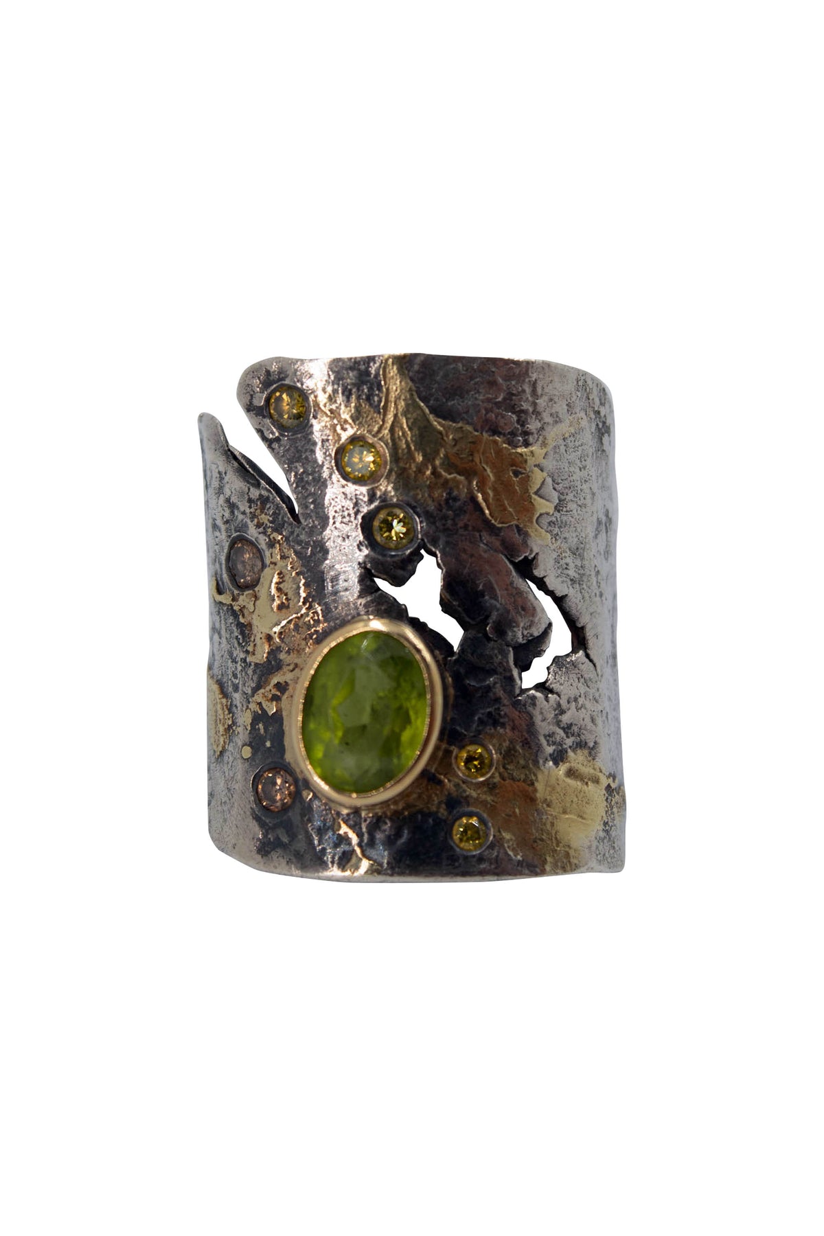 Artisan Signed Goph Sterling and Gold Textured Ring with Peridot