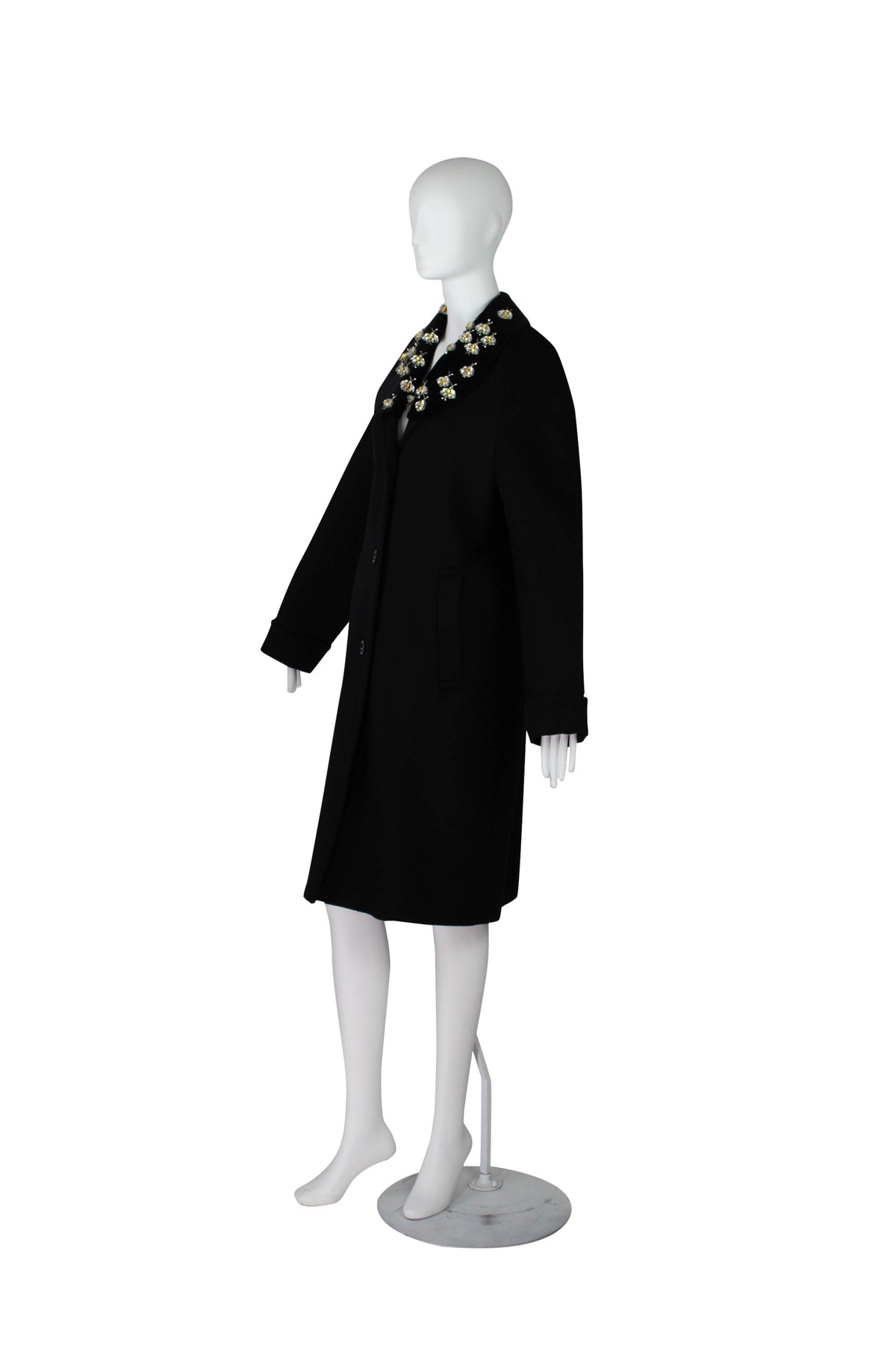 Gucci Black Wool Coat with Detachable Crystal Bee Collar Size 40