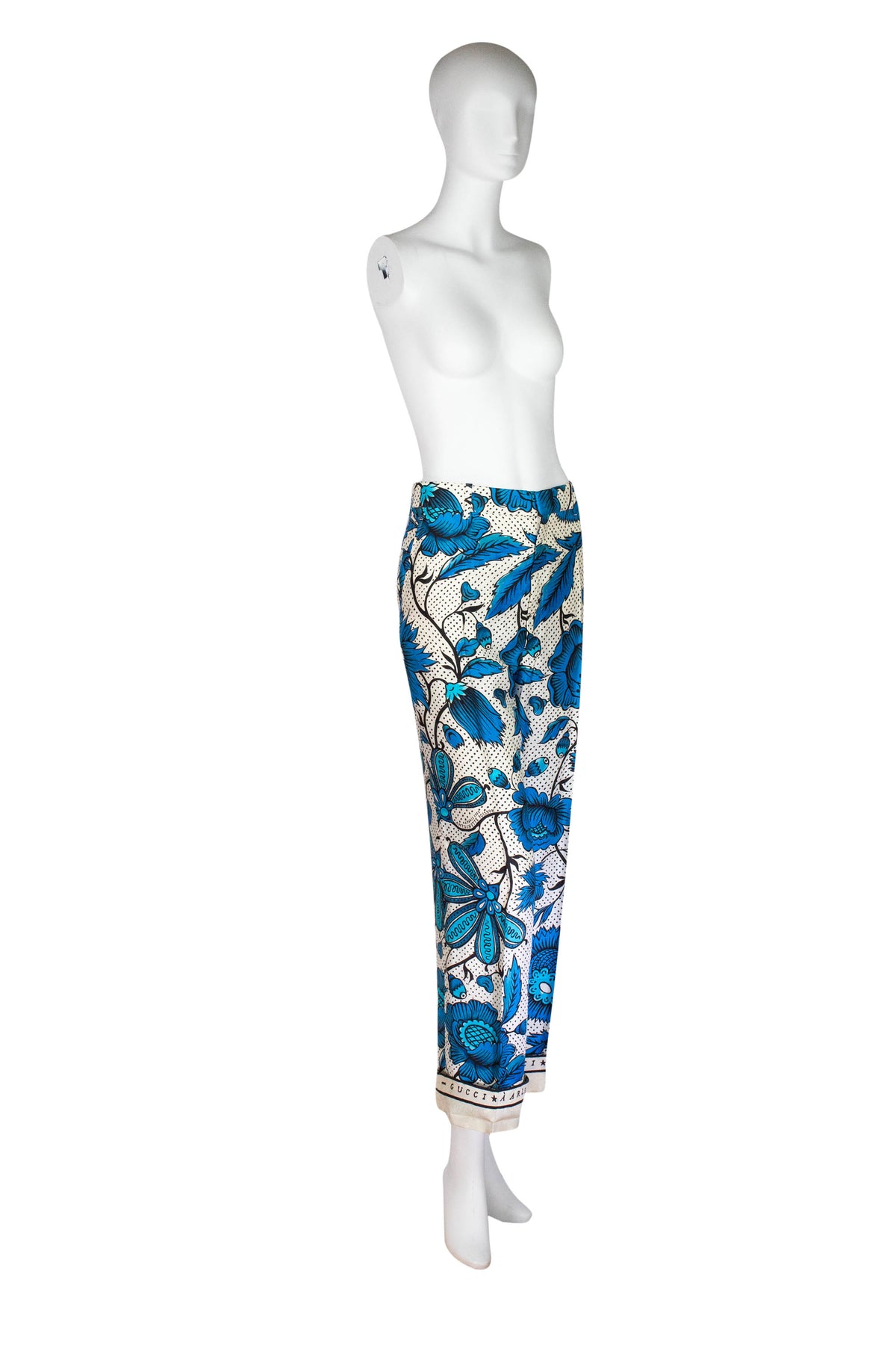 Gucci Blue and White Floral Print Silk Pants Size Small
