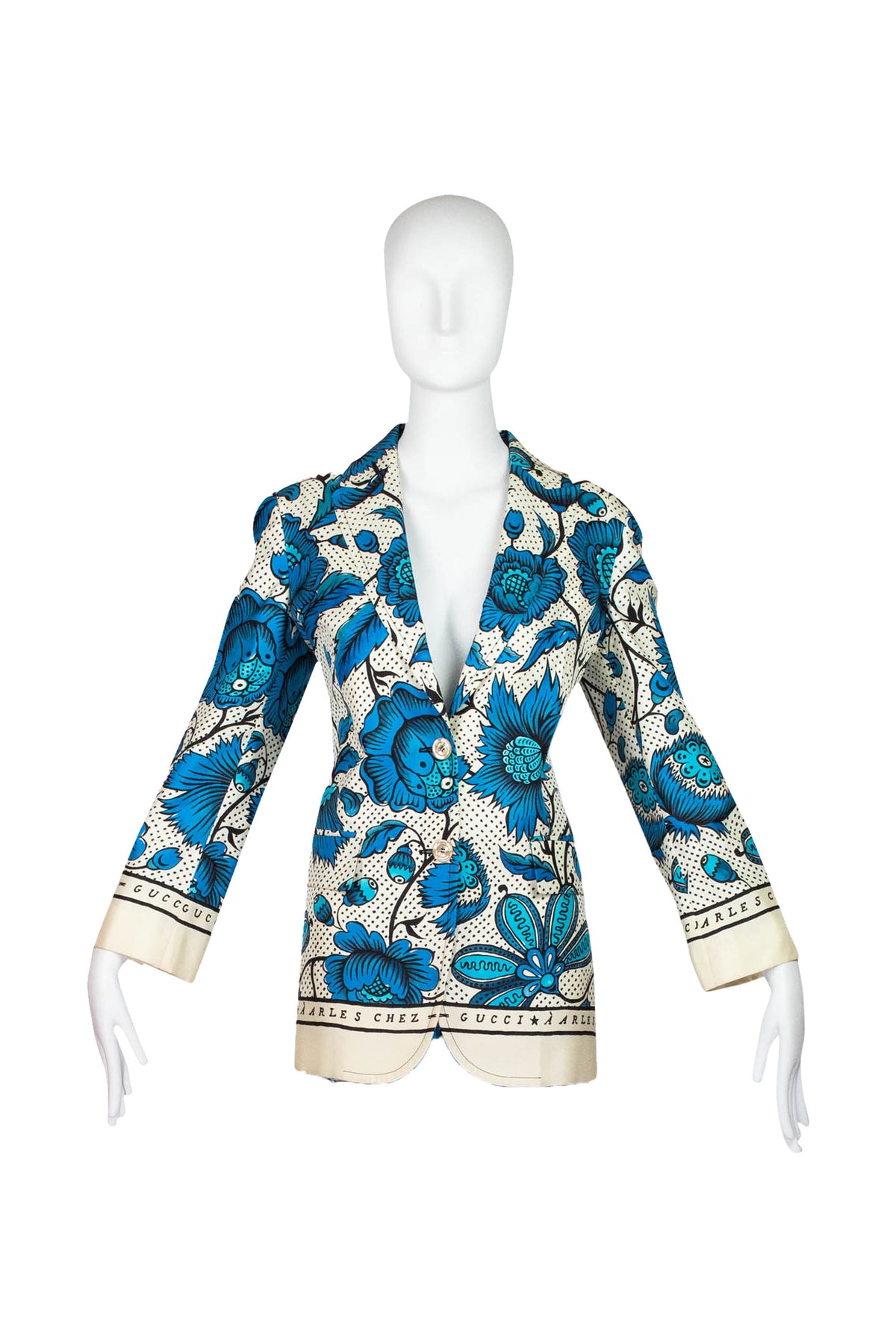 Gucci Blue and Cream Black Silk Arles Chez Print Jacket 42