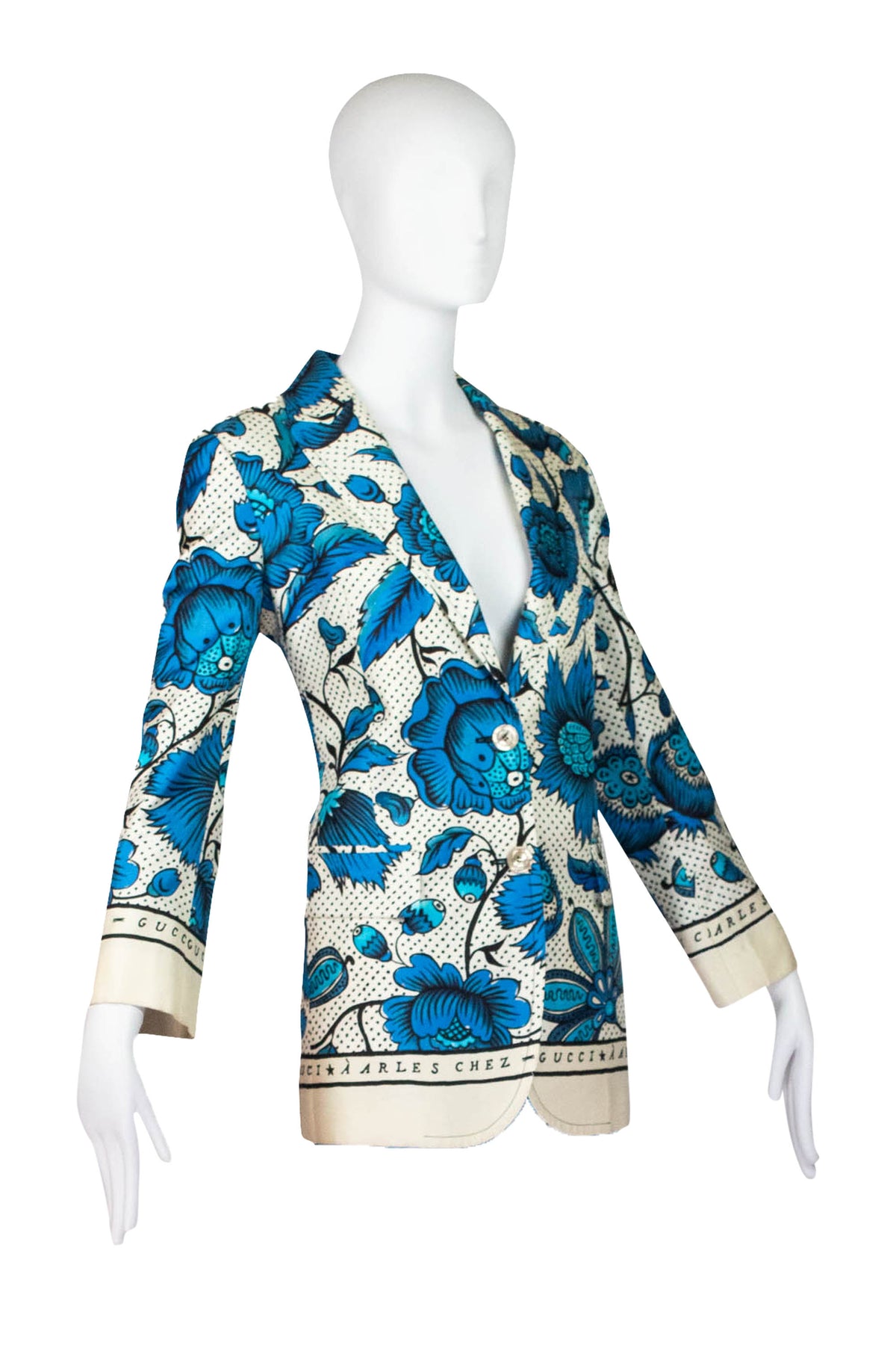 Gucci Blue and Cream Black Silk Arles Chez Print Jacket 42