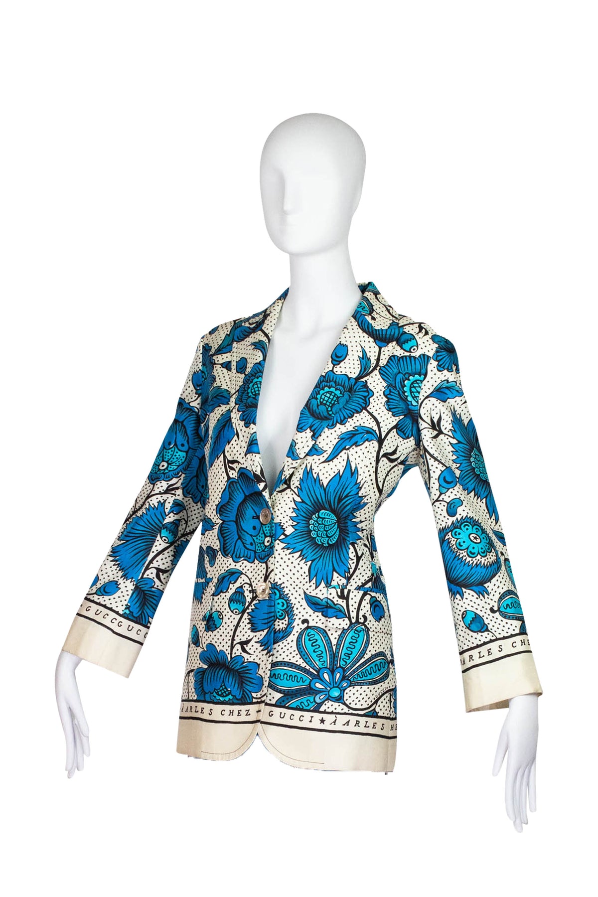 Gucci Blue and Cream Black Silk Arles Chez Print Jacket 42