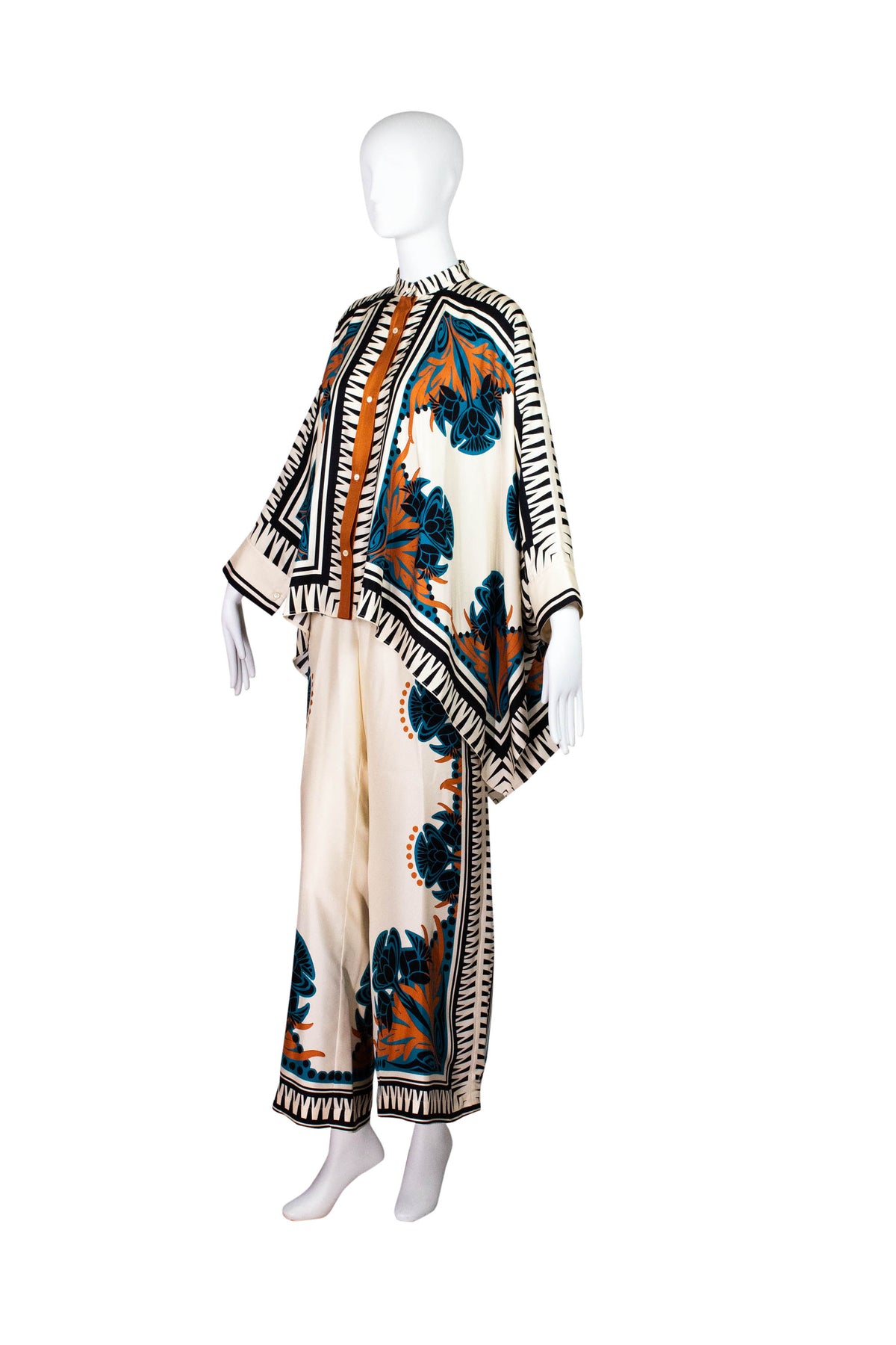 La Double J Ivory and Teal Printed Silk Caftan Shirt Size XS