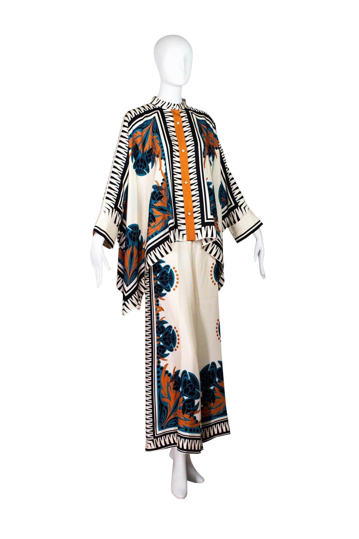 La Double J Ivory and Teal Printed Silk Caftan Shirt Size XS