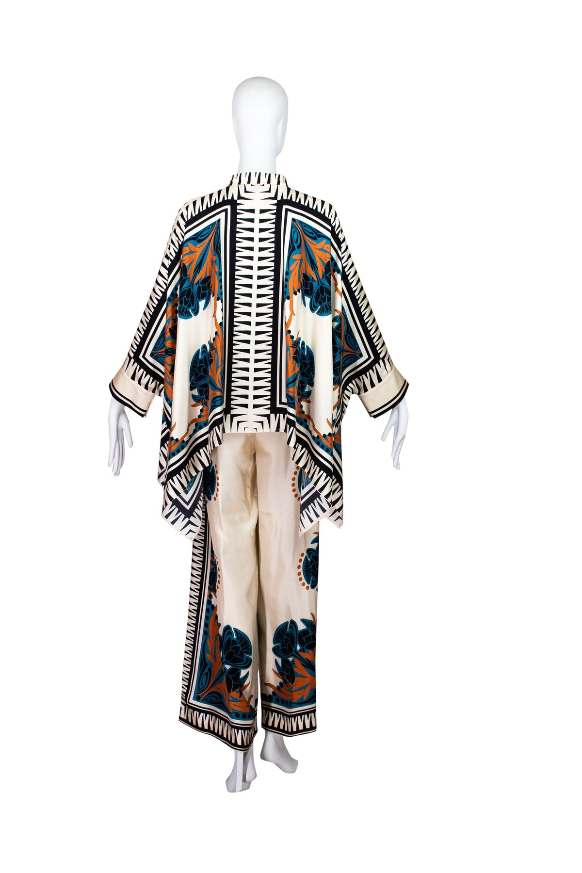 La Double J Ivory and Teal Printed Silk Caftan Shirt Size XS