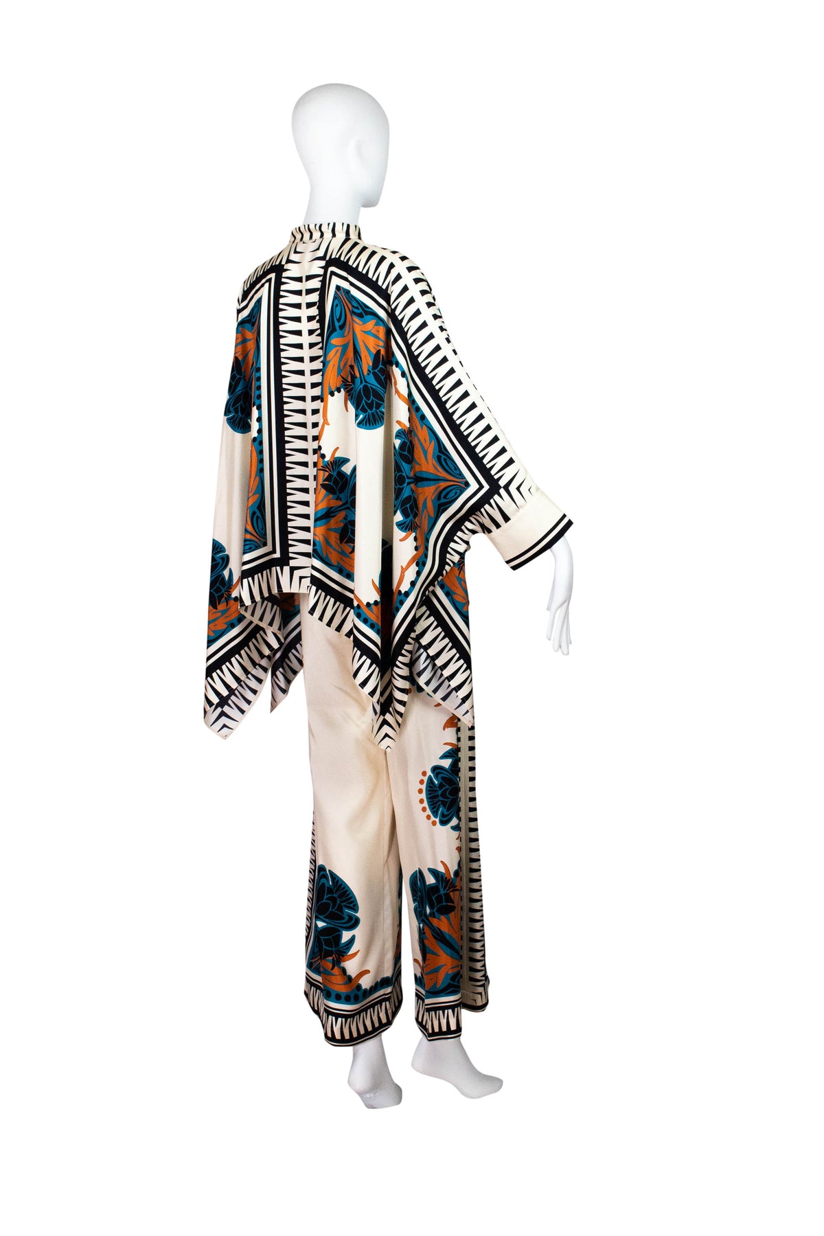 La Double J Ivory and Teal Printed Silk Caftan Shirt Size XS