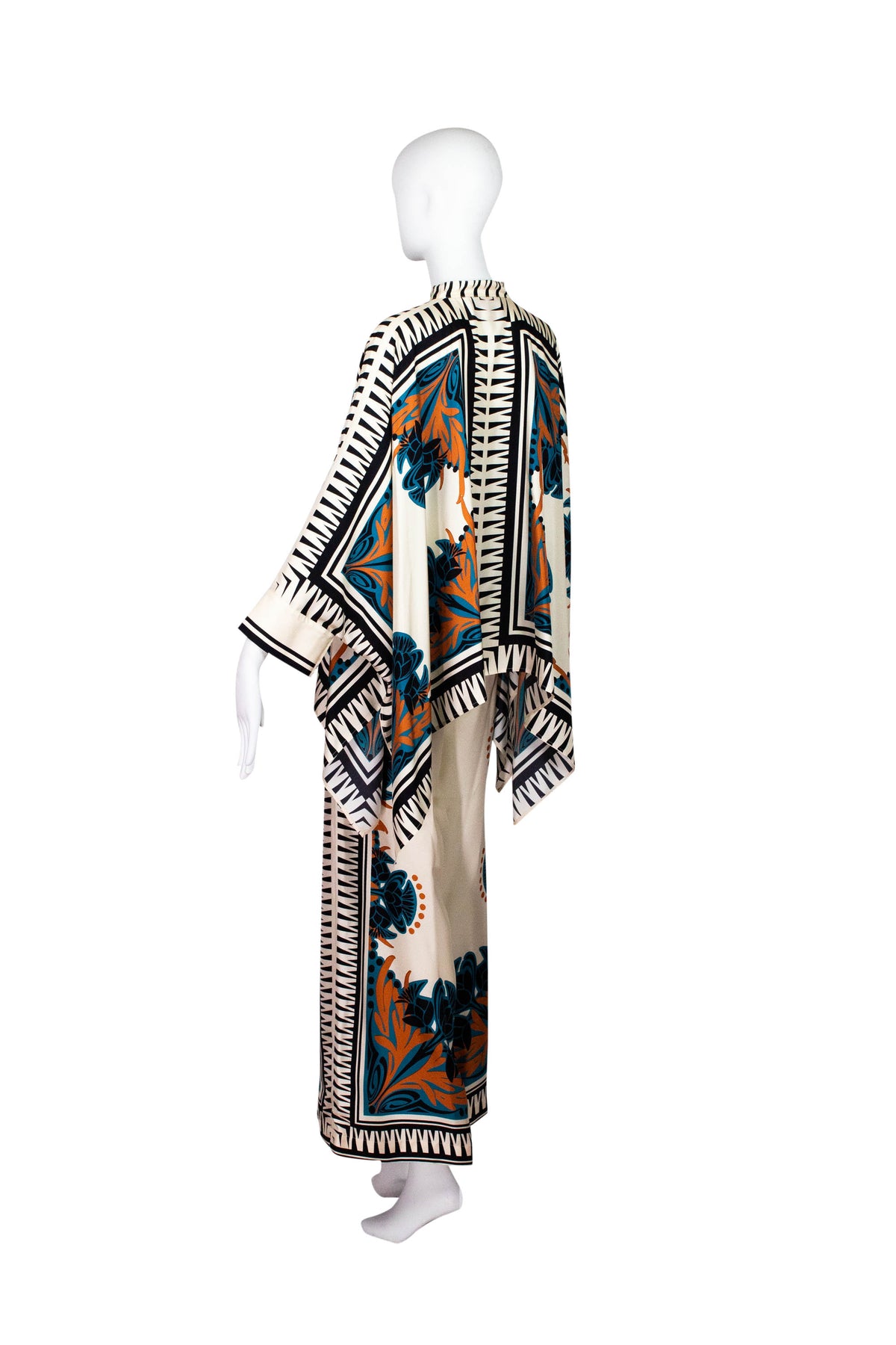 La Double J Ivory and Teal Printed Silk Caftan Shirt Size XS