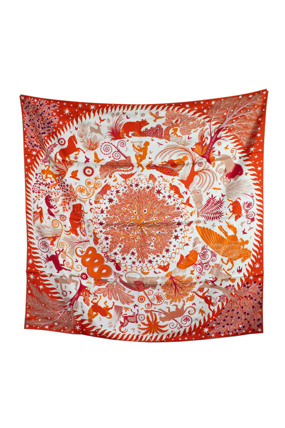 Hermes Orange and Red Le Charme Double Sided Print Silk Scarf 90cm