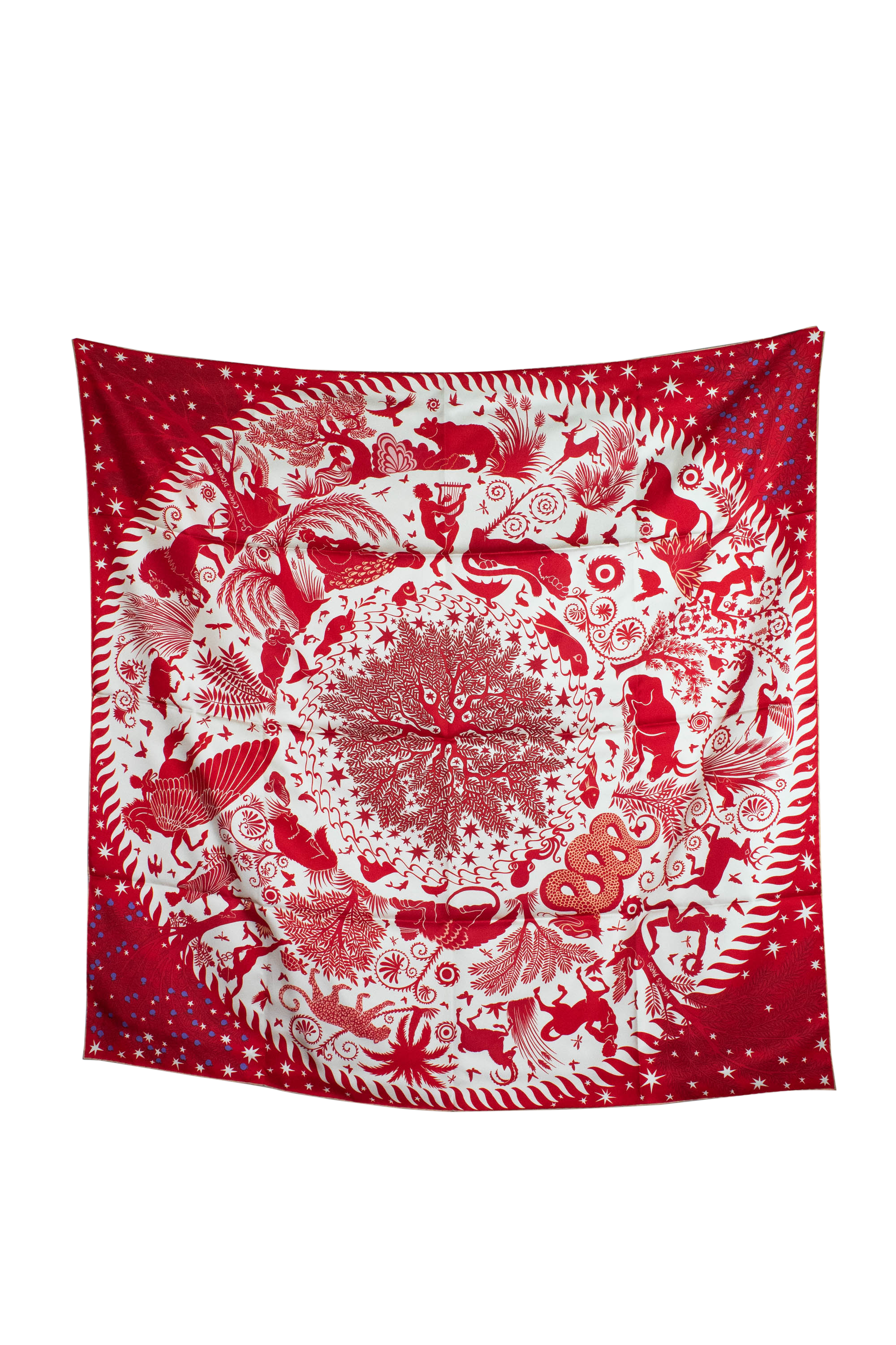 Hermes Orange and Red Le Charme Double Sided Print Silk Scarf 90cm