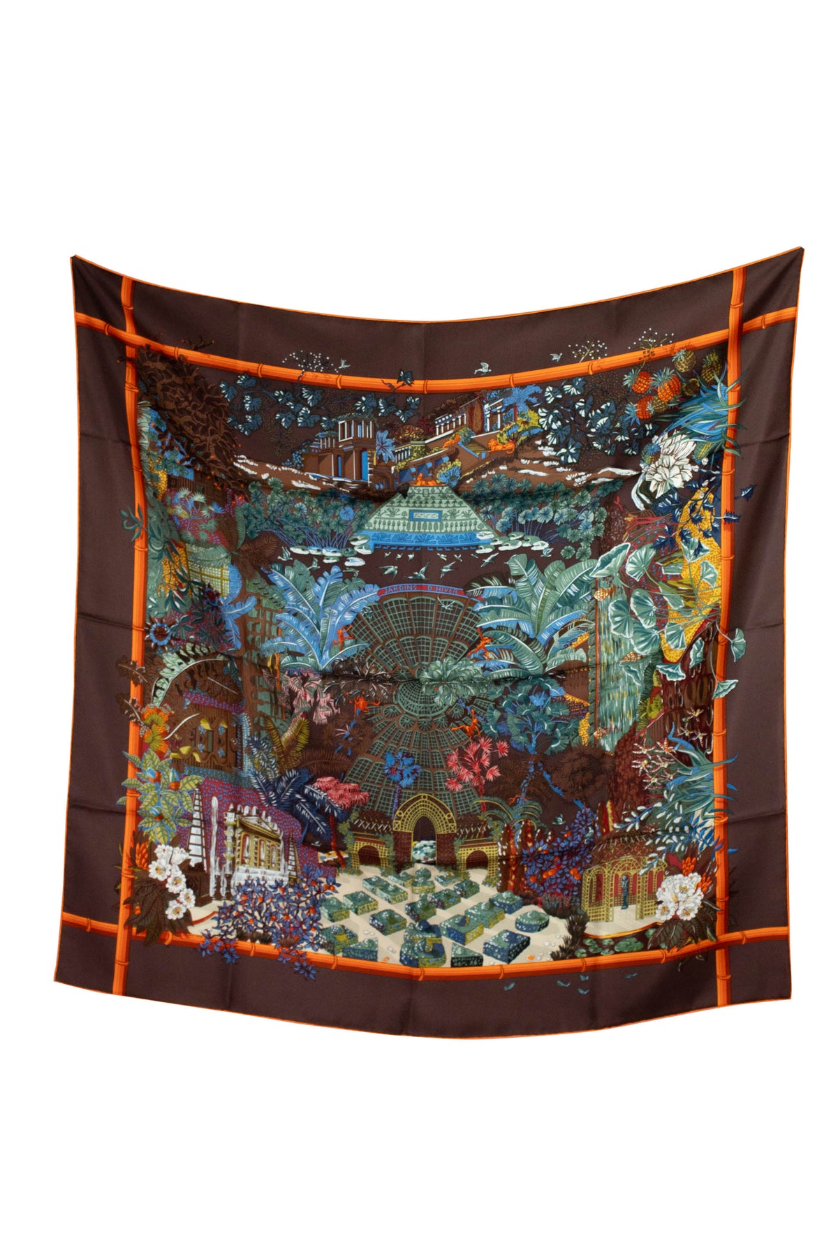 Hermes Brown and Orange Jardins Hiver Faivre Silk Scarf 90cm