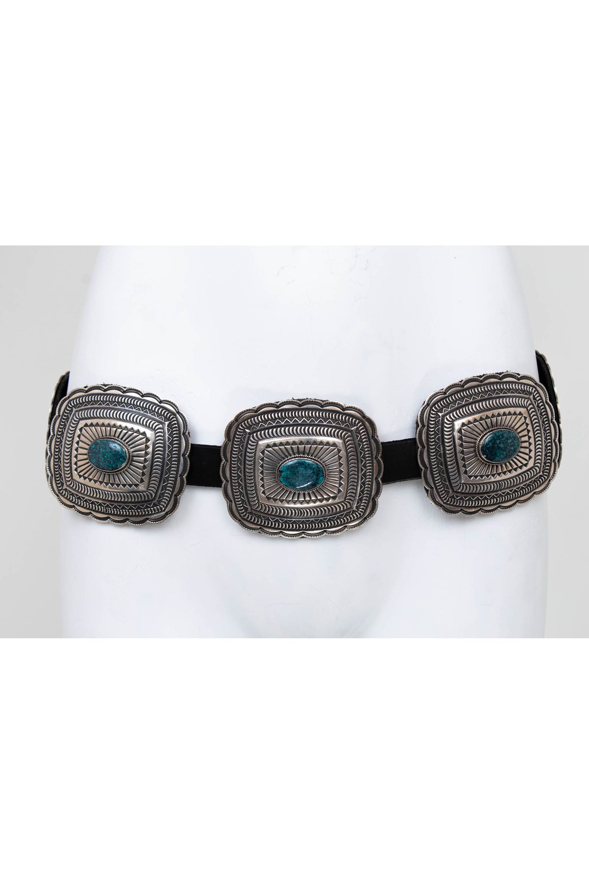 Sunshine Reeves Native Am. Size M/L Black Heavy Tool Turquoise Inlay Concha Belt