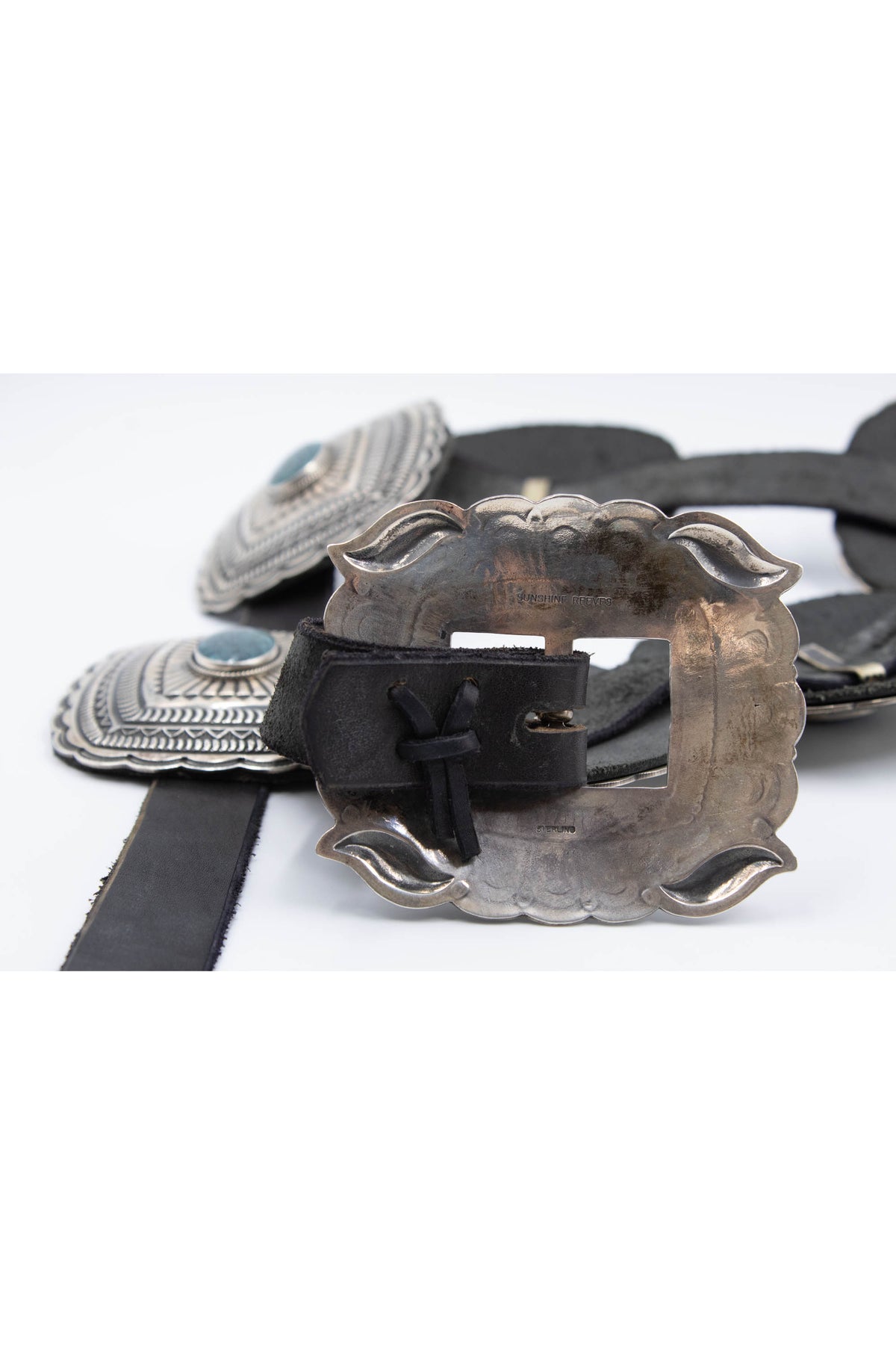 Sunshine Reeves Native Am. Size M/L Black Heavy Tool Turquoise Inlay Concha Belt