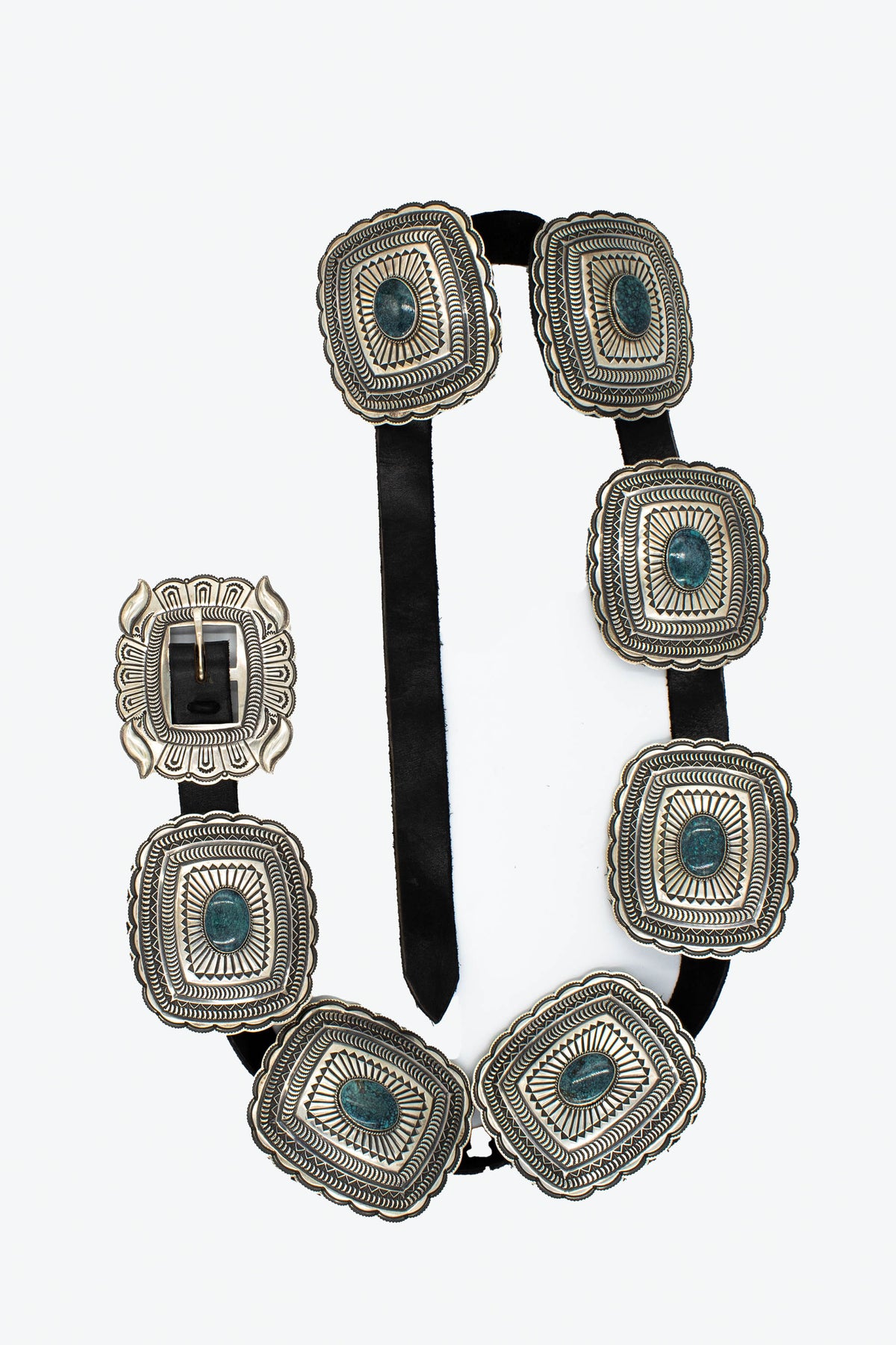 Sunshine Reeves Native Am. Size M/L Black Heavy Tool Turquoise Inlay Concha Belt