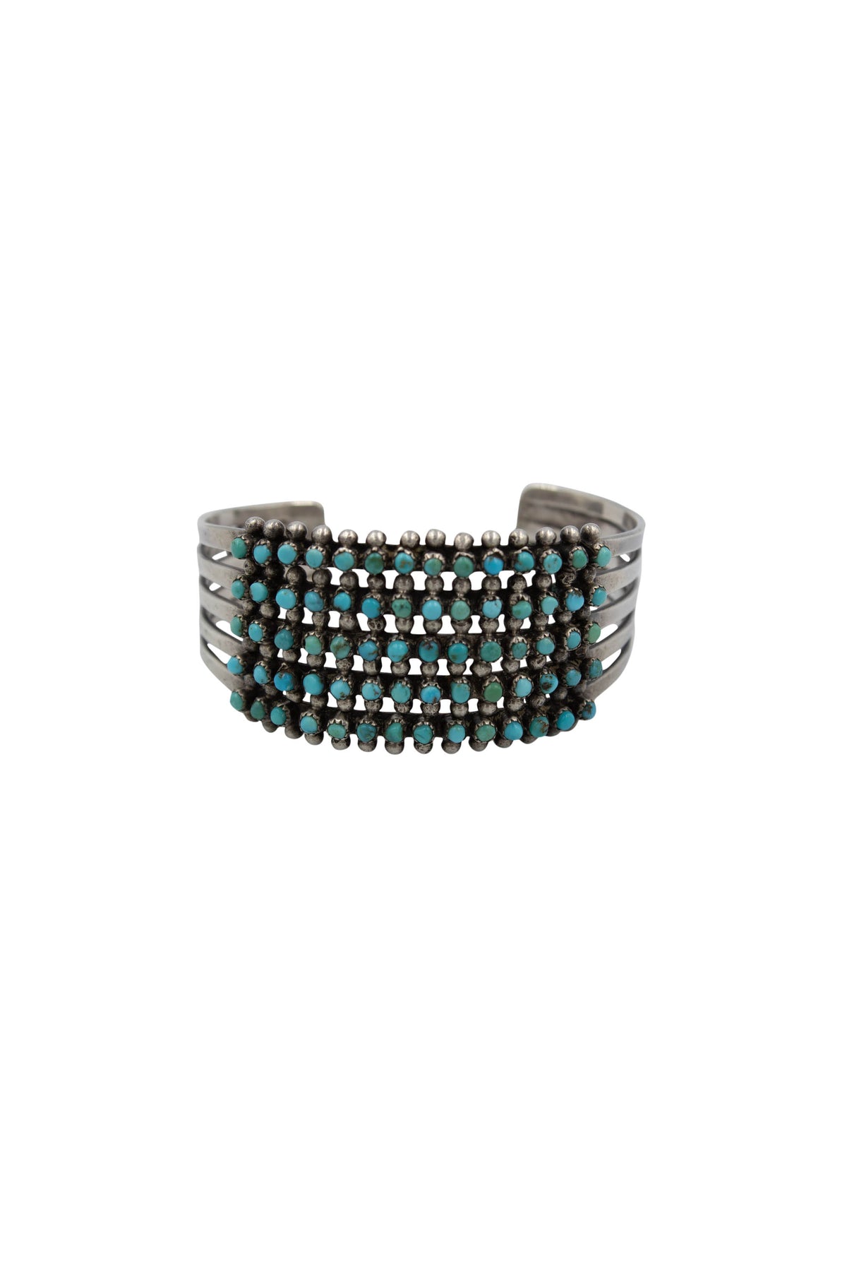 Native American Zuni 1940-50s  Silver Turquoise 5 Row Snake Eyes Cuff Bracelet