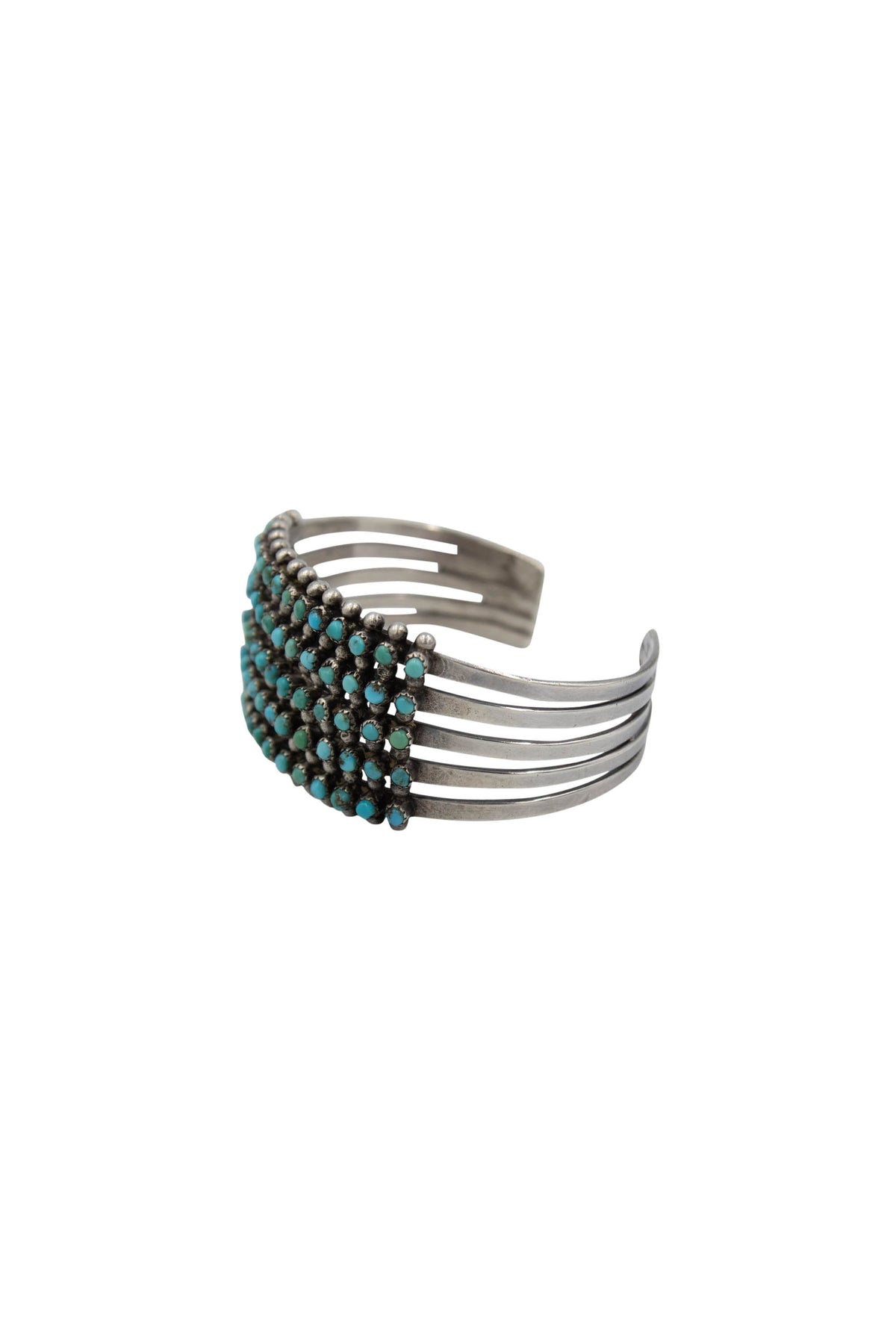 Native American Zuni 1940-50s  Silver Turquoise 5 Row Snake Eyes Cuff Bracelet