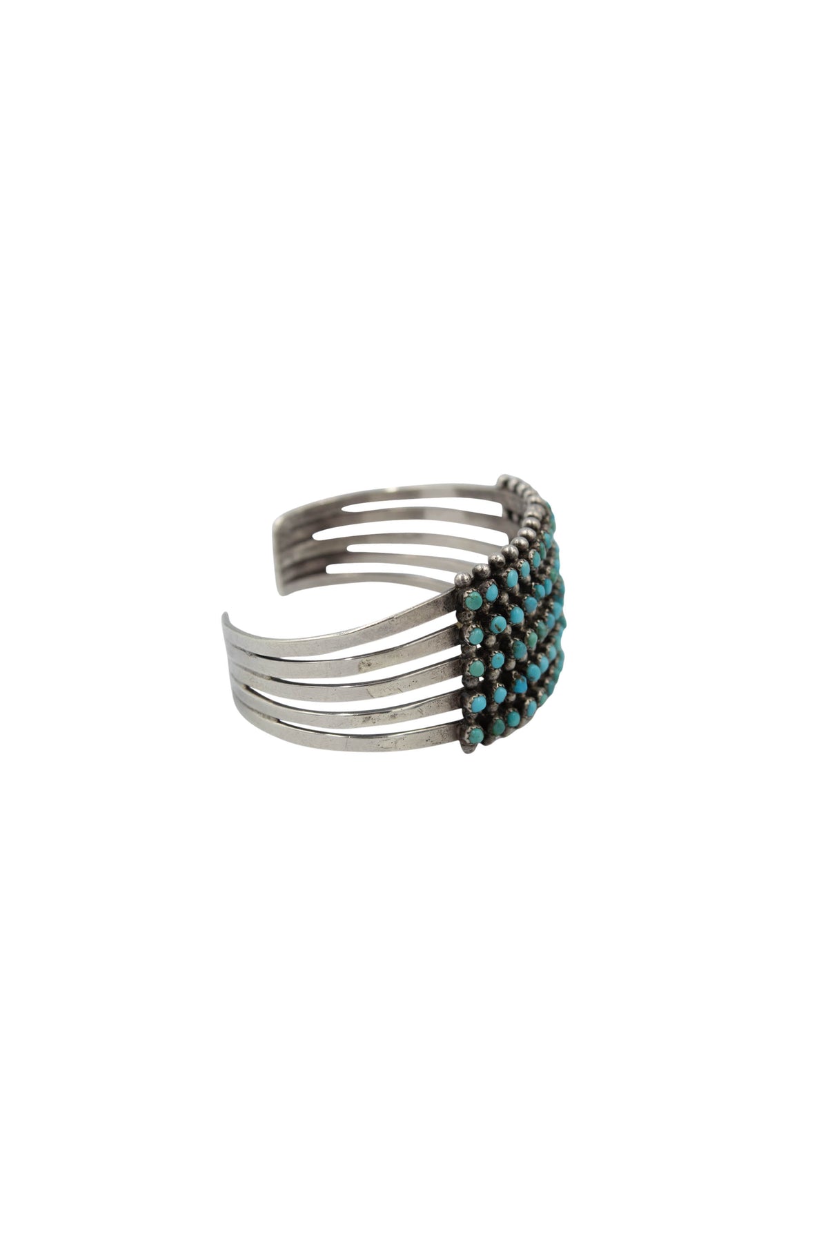 Native American Zuni 1940-50s  Silver Turquoise 5 Row Snake Eyes Cuff Bracelet