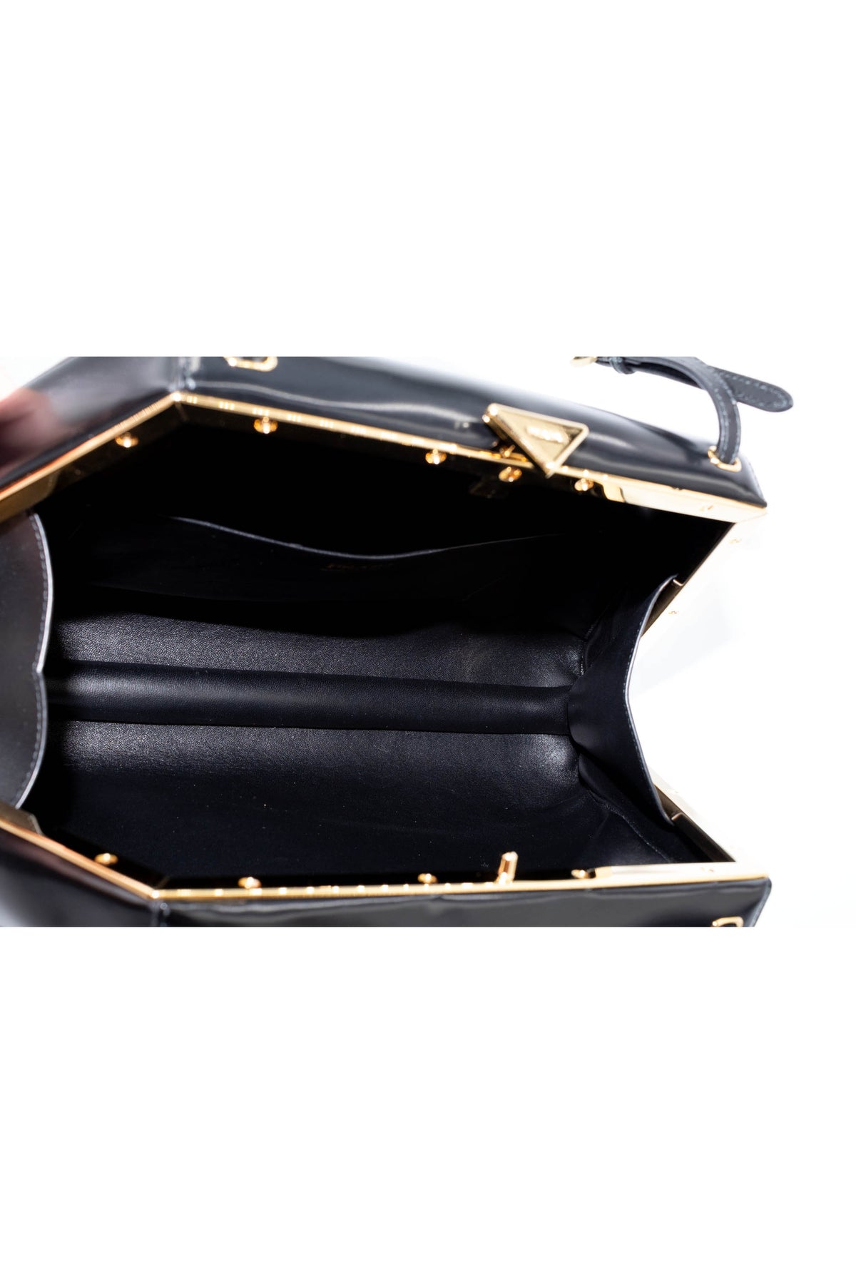 Prada Black Spazzolato Triangle Metal Top Handle Lady Purse With Lace Skirt Dust Bag