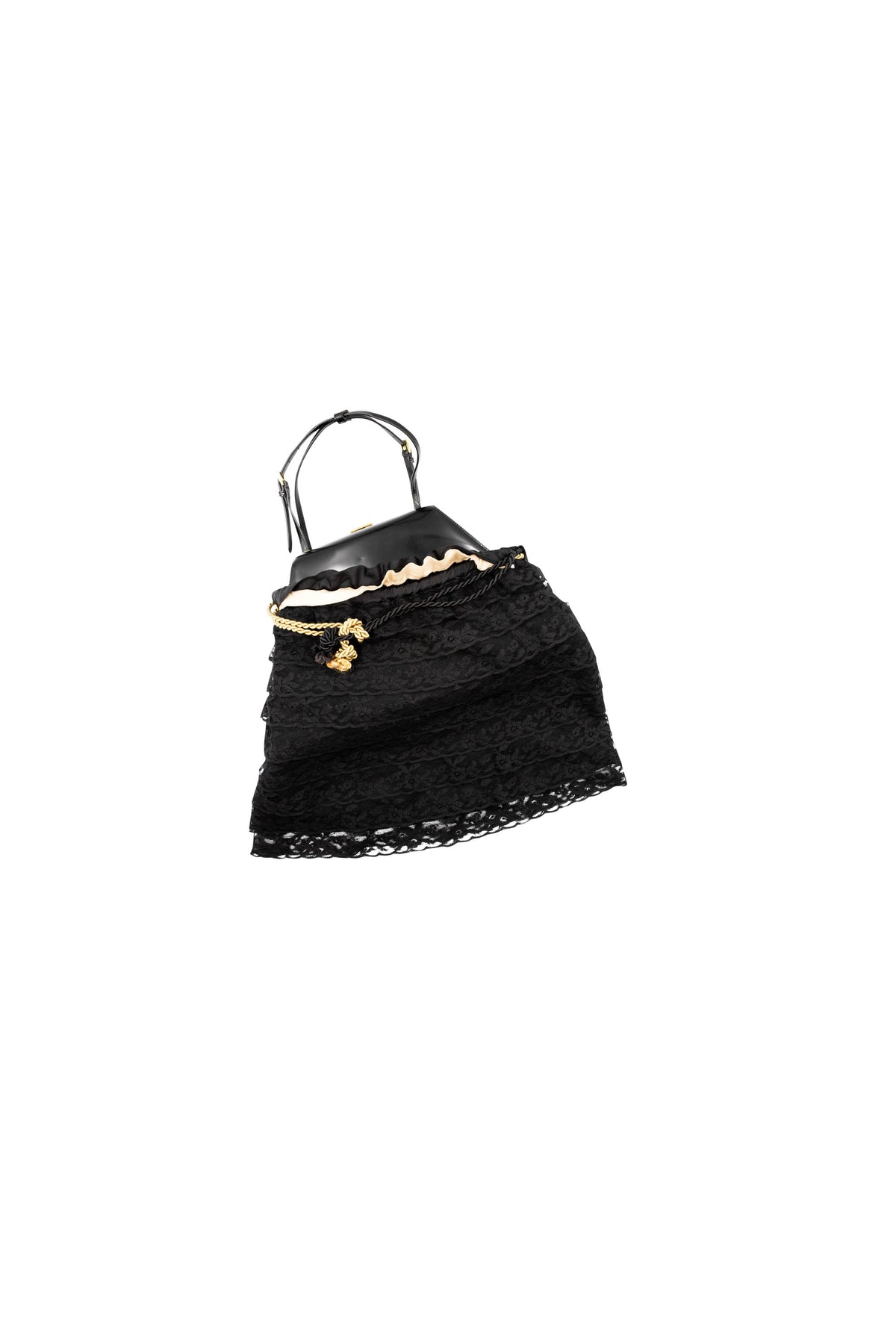 Prada Black Spazzolato Triangle Metal Top Handle Lady Purse With Lace Skirt Dust Bag
