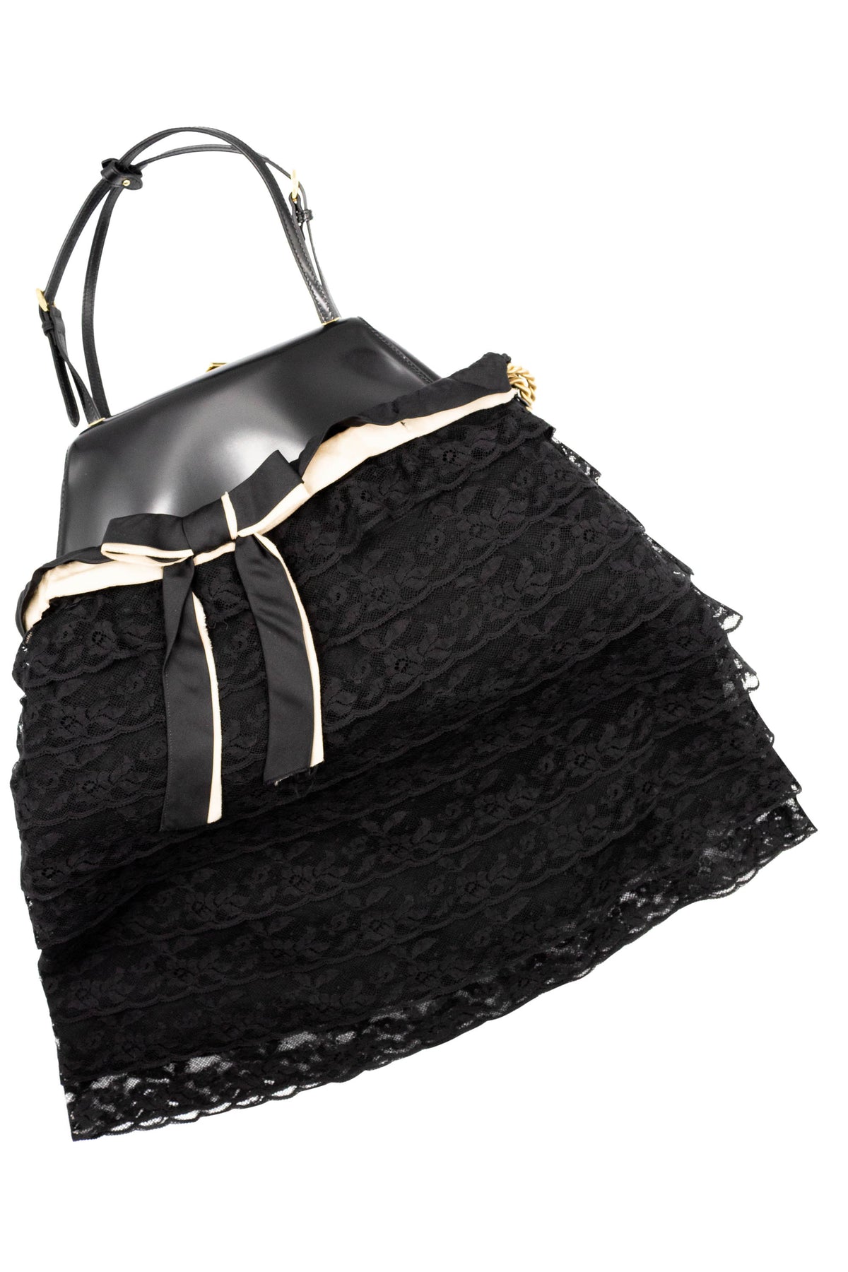 Prada Black Spazzolato Triangle Metal Top Handle Lady Purse With Lace Skirt Dust Bag