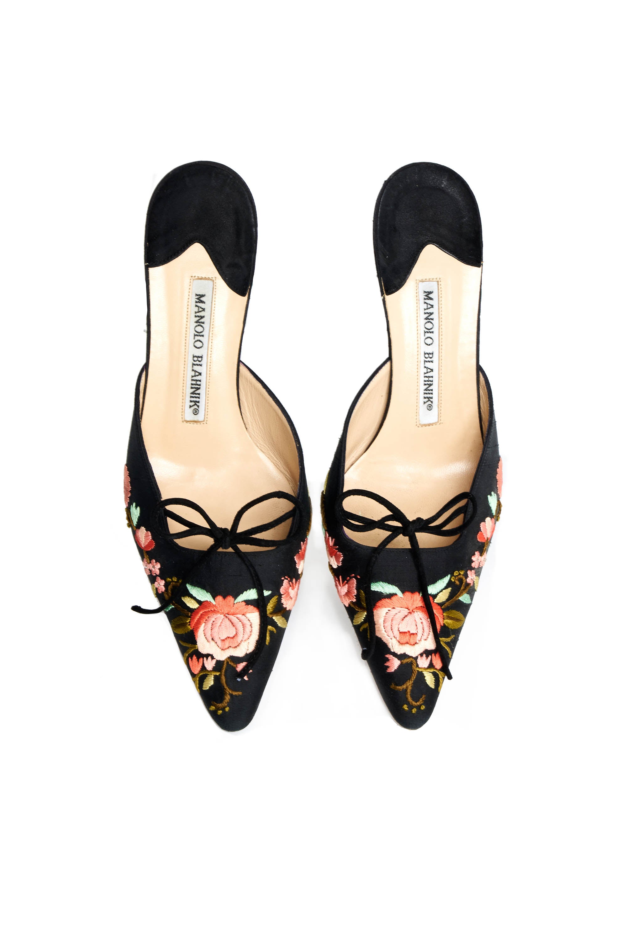 Manolo Blahnik Embroidered Floral Kitten Heel Mules Size 36