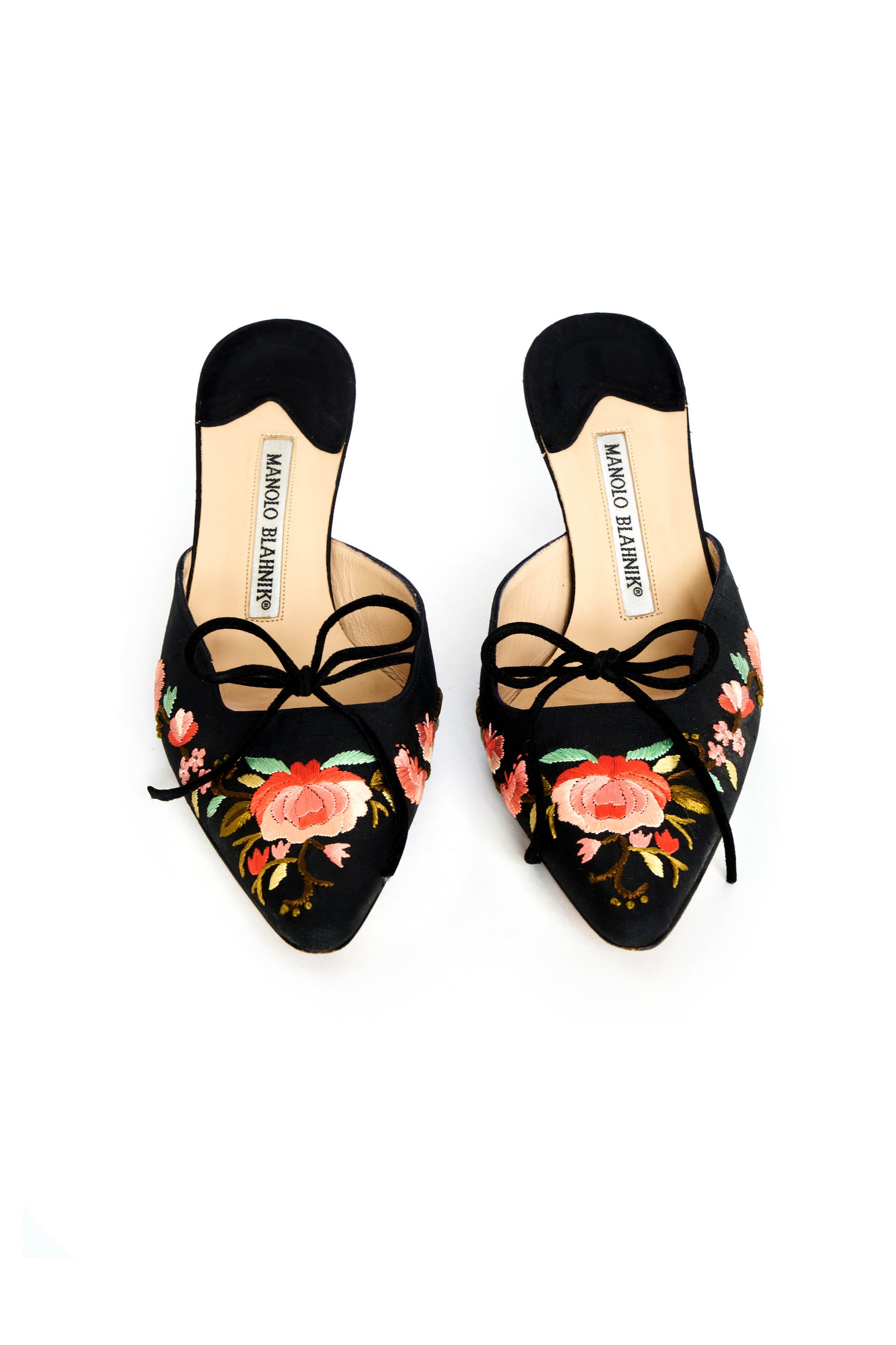 Manolo Blahnik Embroidered Floral Kitten Heel Mules Size 36