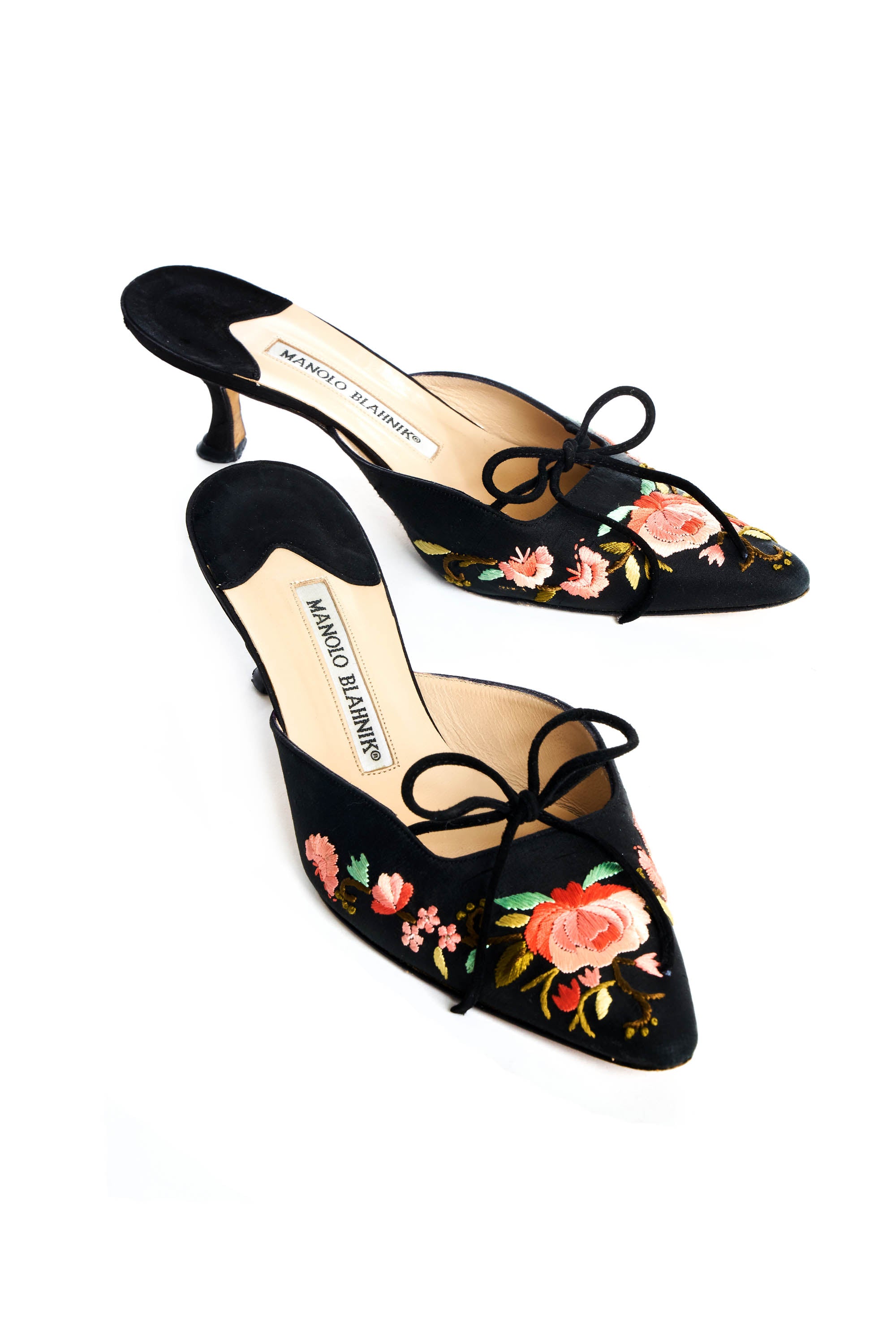 Manolo Blahnik Embroidered Floral Kitten Heel Mules Size 36