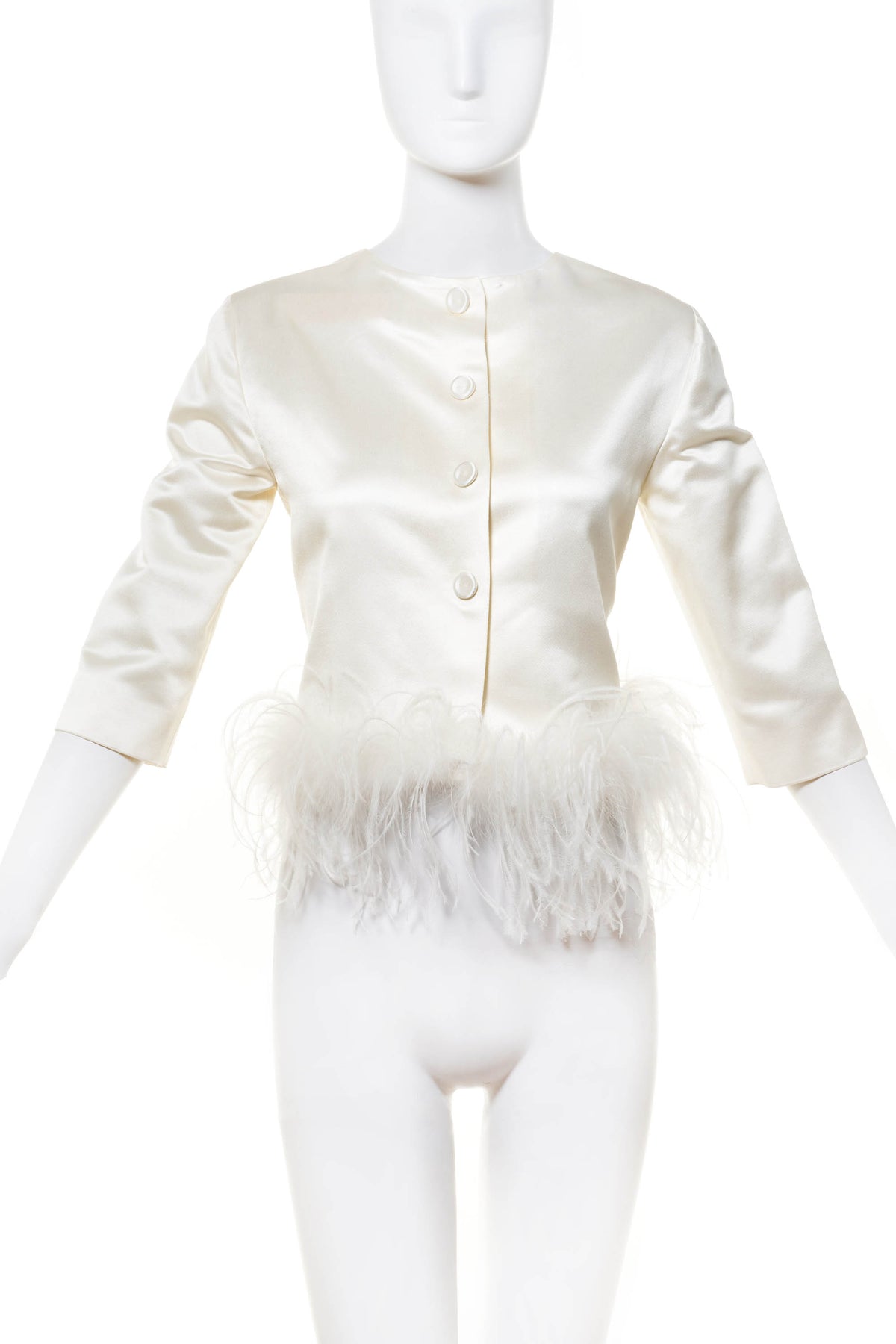 Max Mara Off White Feather Trim Cropped Satin Blouse Size 4