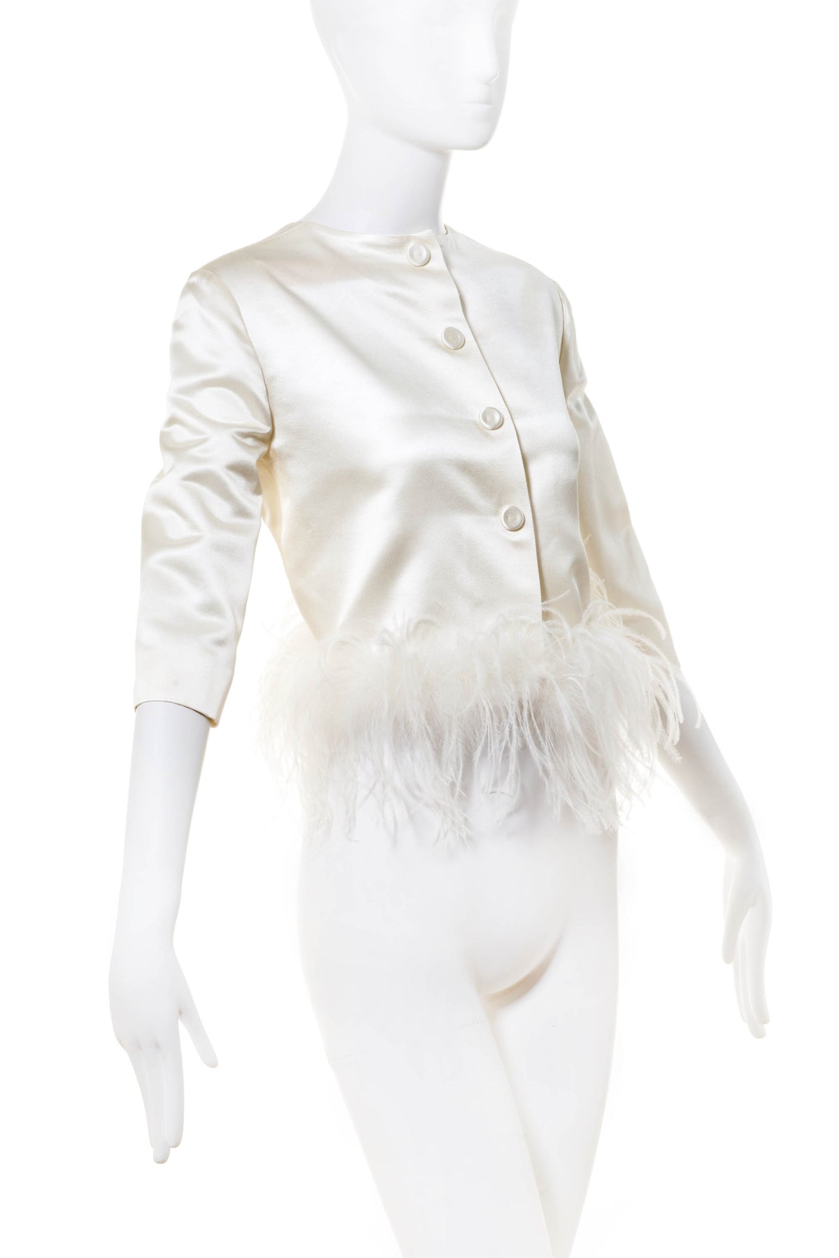 Max Mara Off White Feather Trim Cropped Satin Blouse Size 4