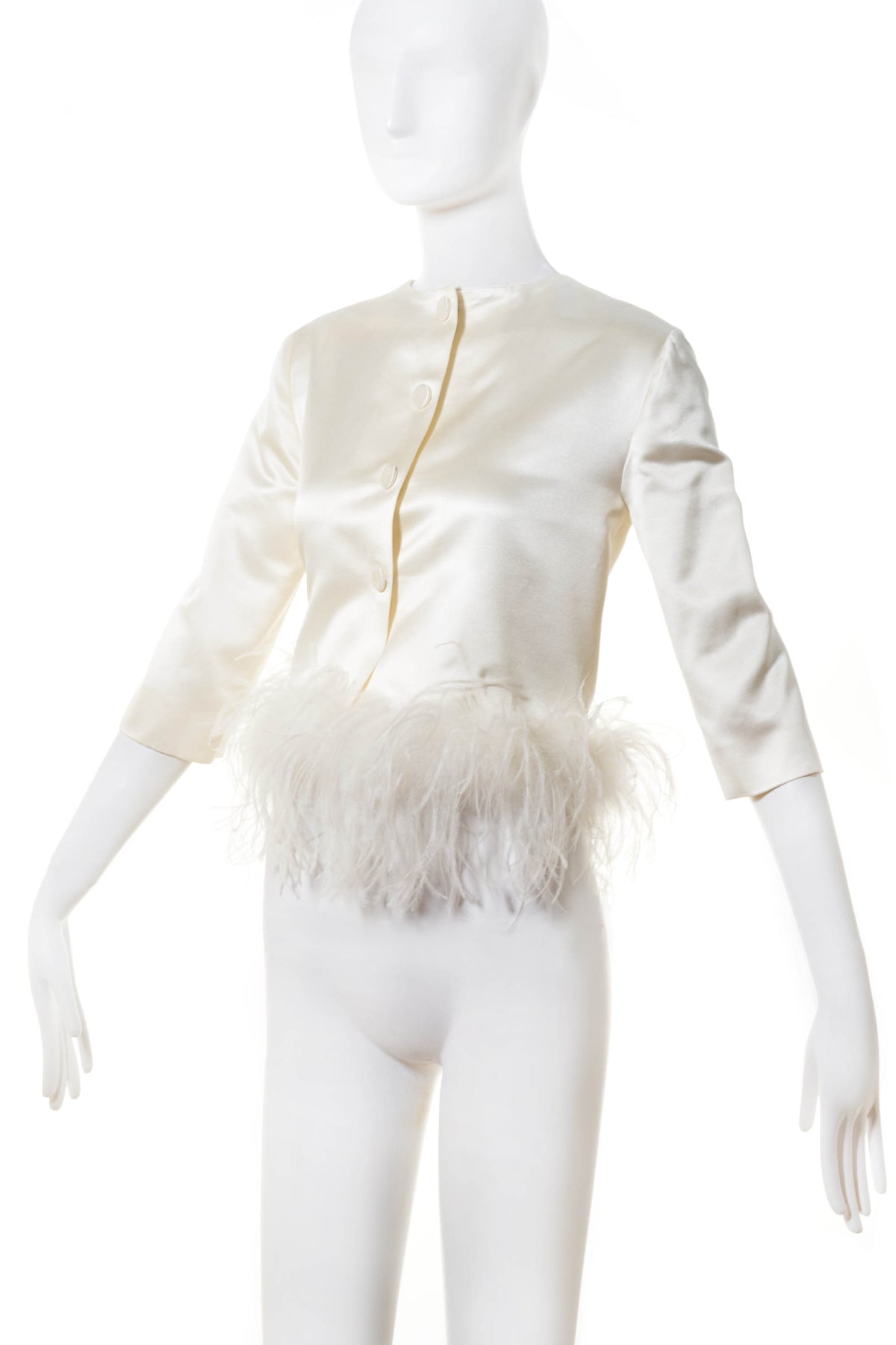 Max Mara Off White Feather Trim Cropped Satin Blouse Size 4