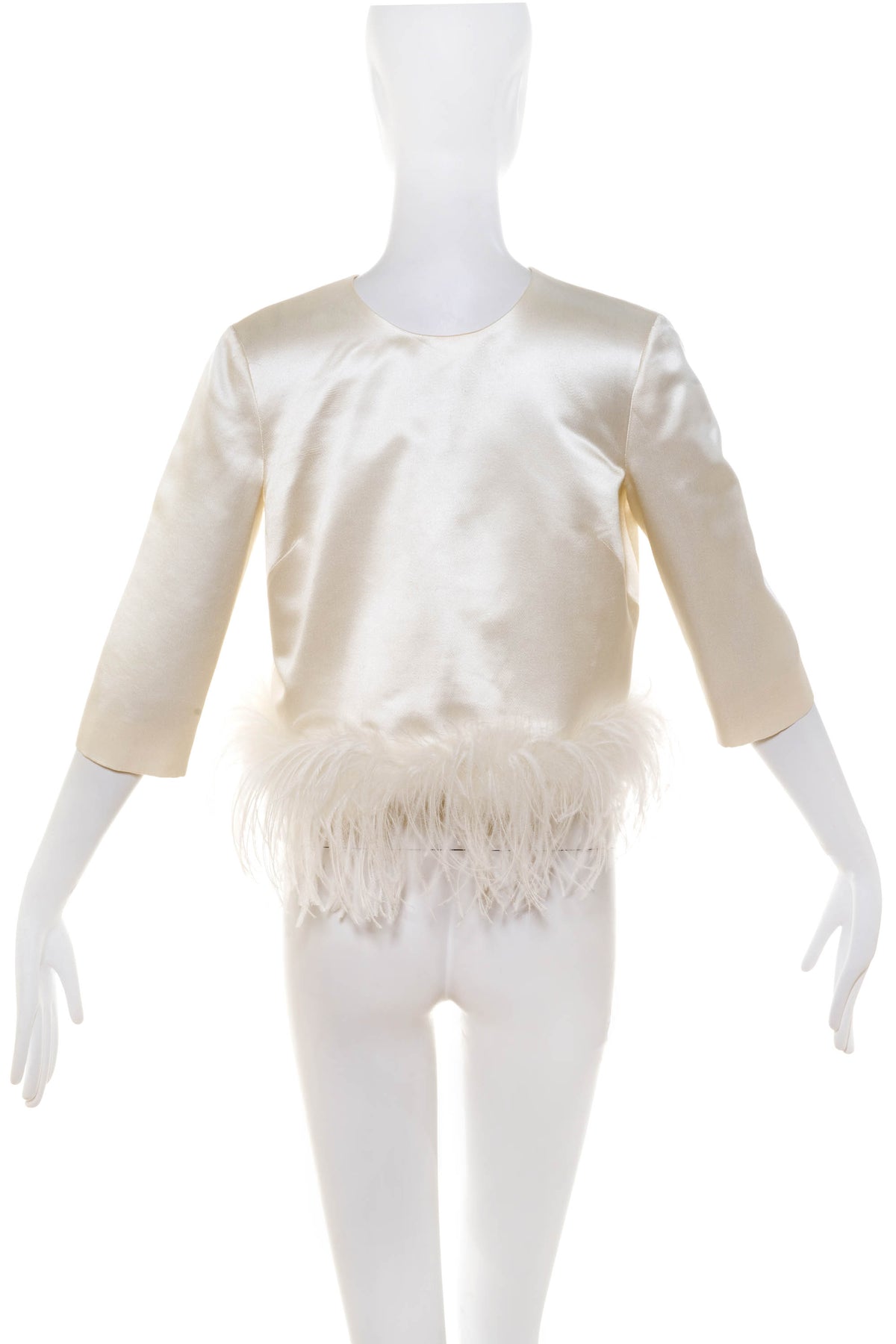 Max Mara Off White Feather Trim Cropped Satin Blouse Size 4