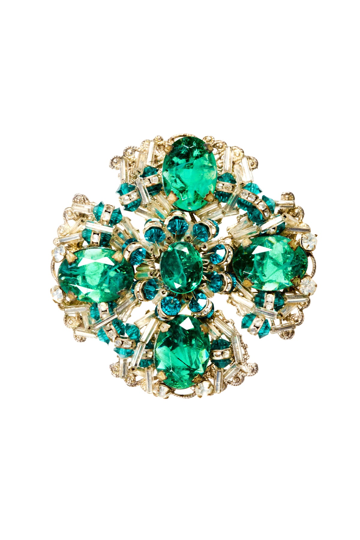 Miriam Haskell Green &amp; Clear Beads Crystal Brooch Flower Shape