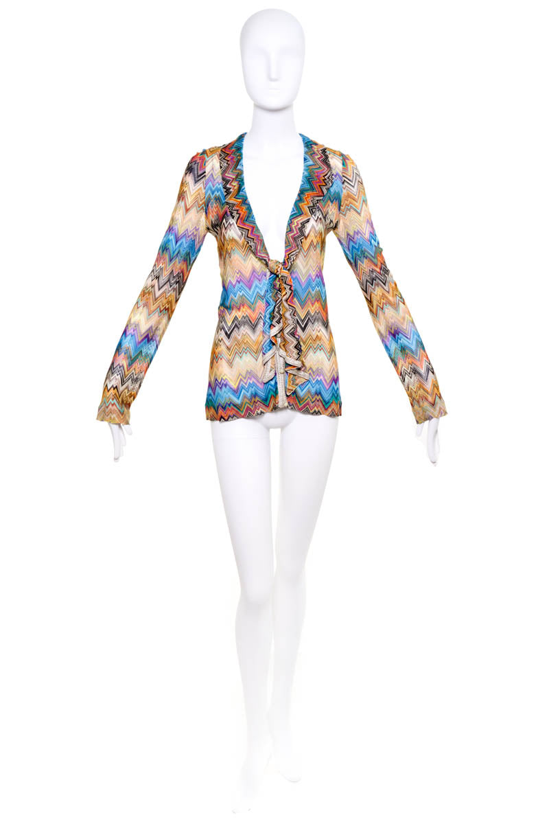 Missoni Multicolor Zigzag Knit Tie Front Rayon Shirt Size 44/8