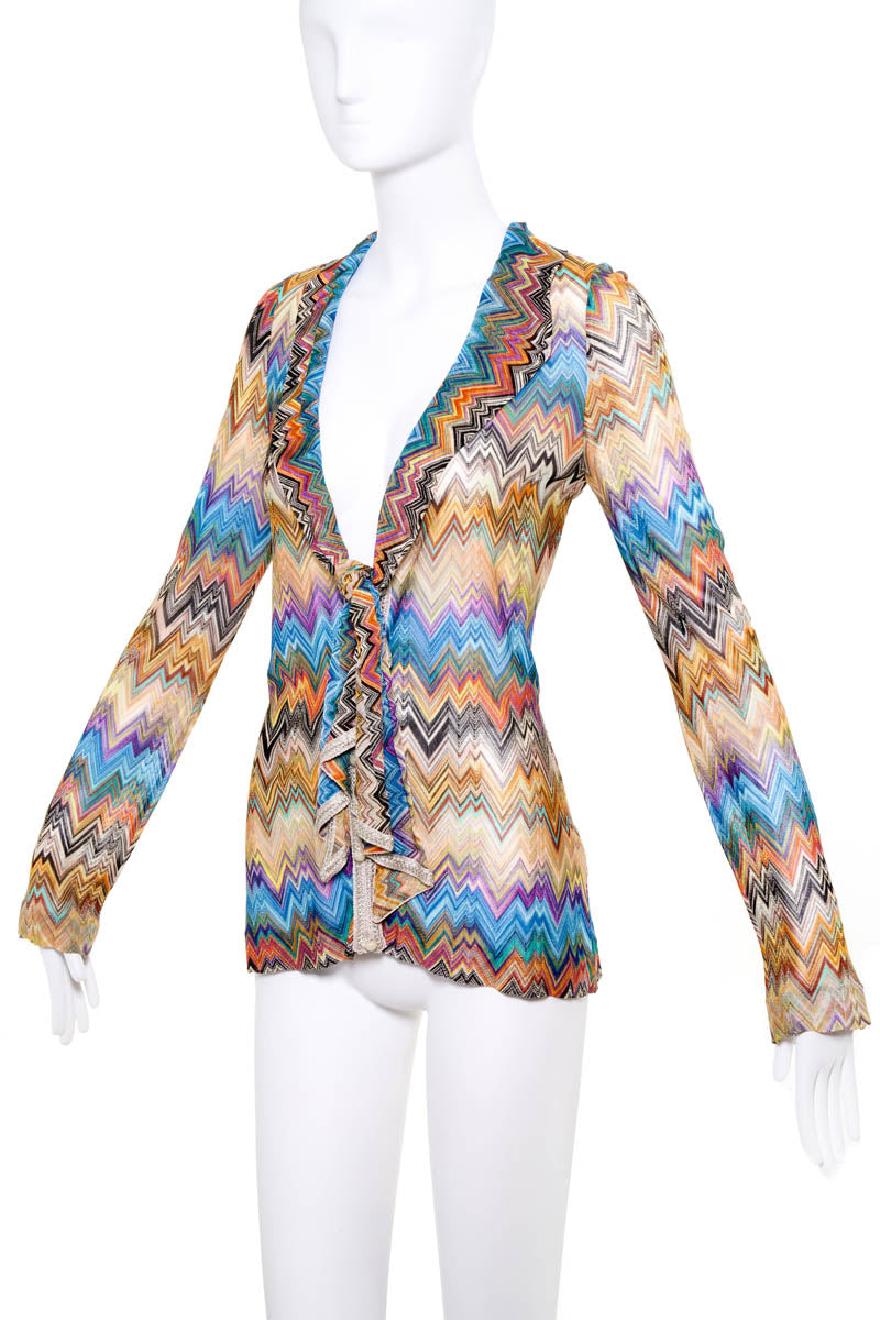 Missoni Multicolor Zigzag Knit Tie Front Rayon Shirt Size 44/8
