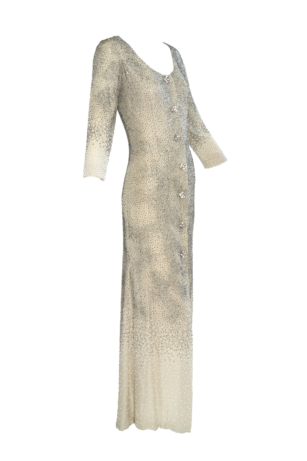 Oscar de La Renta Silver Beaded Long Sleeve Gown Size 4