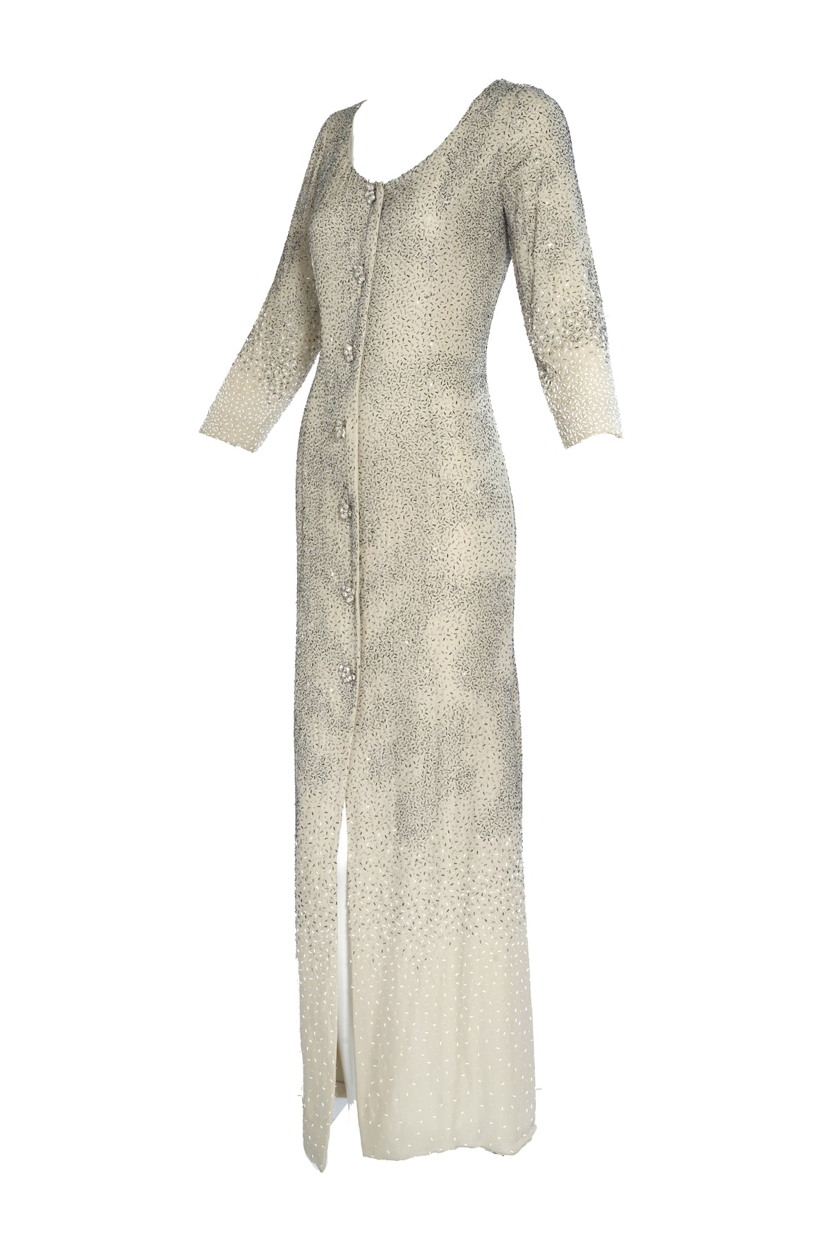 Oscar de La Renta Silver Beaded Long Sleeve Gown Size 4