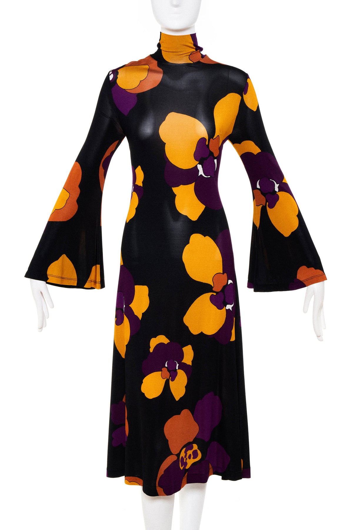 Pas Pour Tor Black with Orange and Purple Flowers Long Sleeve Dress