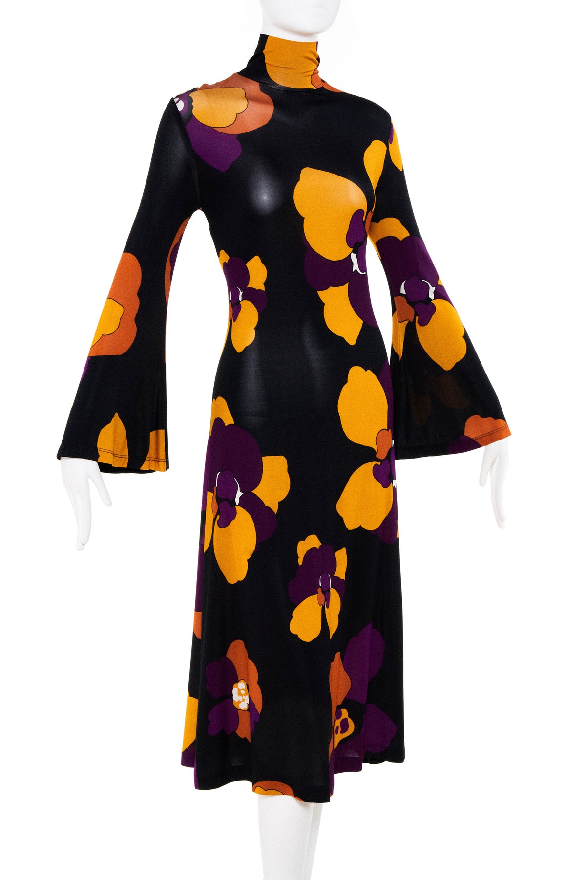 Pas Pour Tor Black with Orange and Purple Flowers Long Sleeve Dress