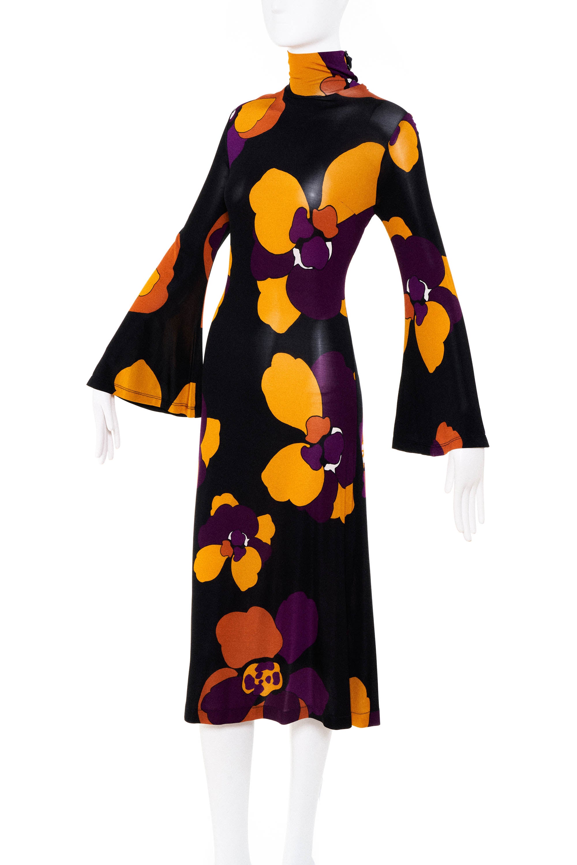 Pas Pour Tor Black with Orange and Purple Flowers Long Sleeve Dress