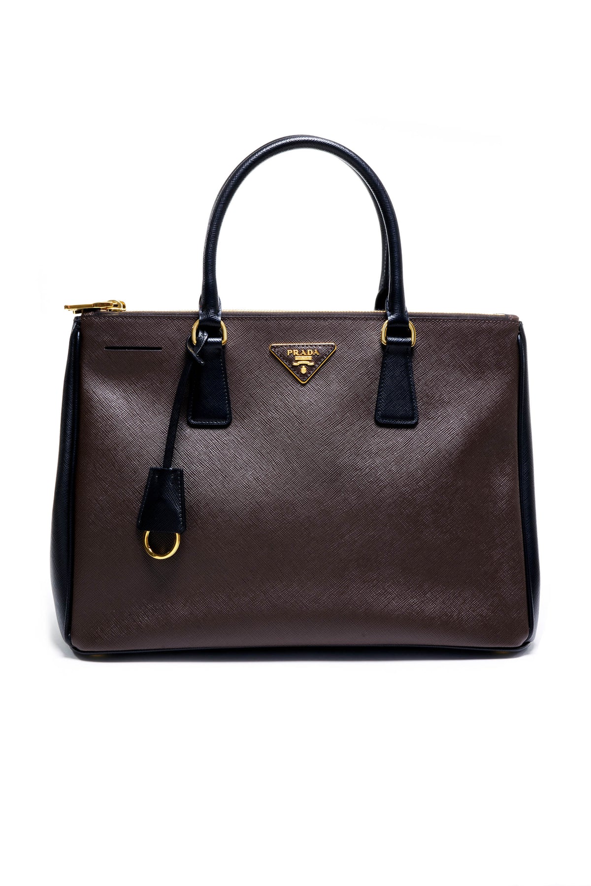 Prada Brown and Black Saffiano Galleria Double Zip Tote Purse