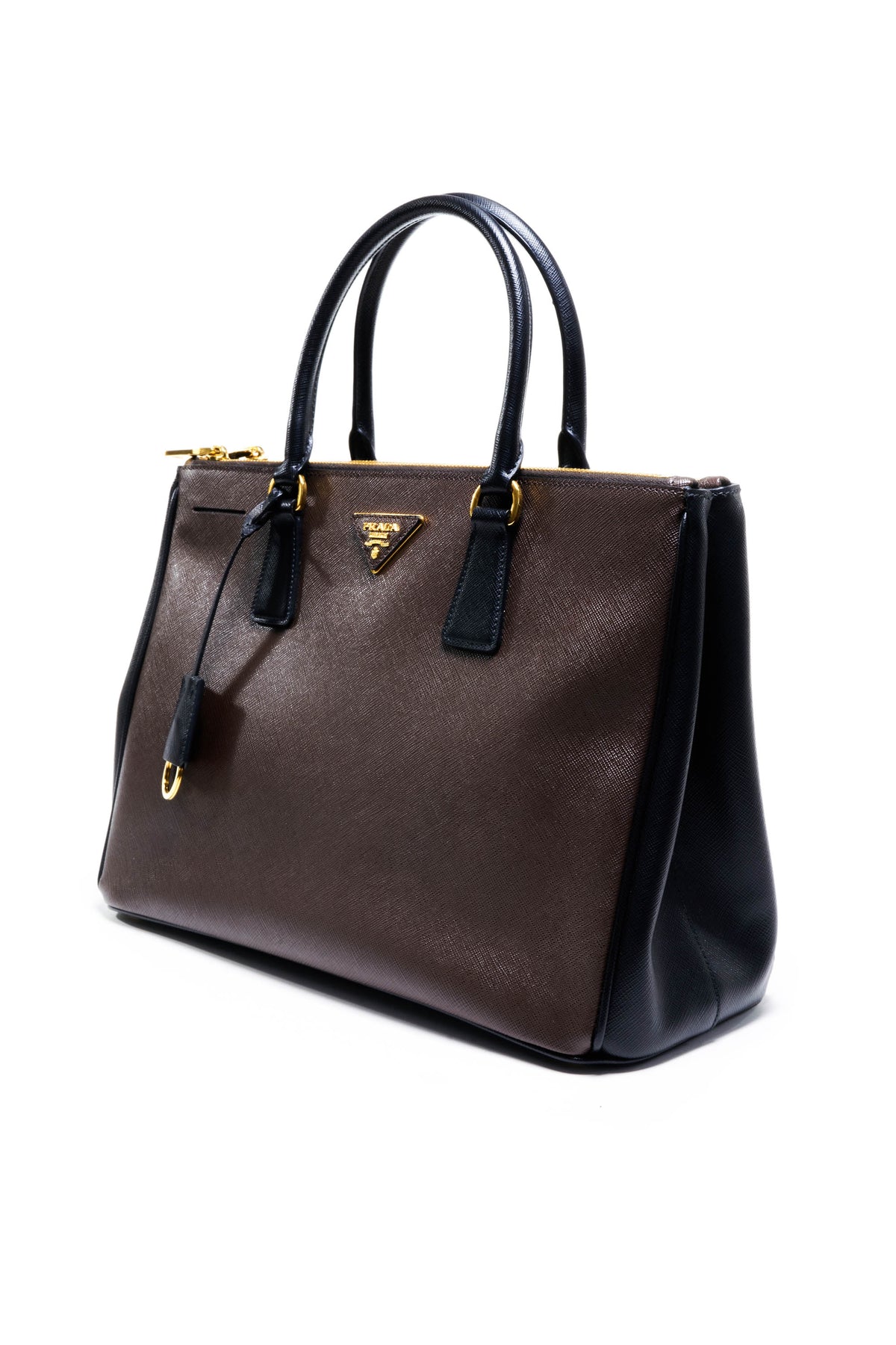 Prada Brown and Black Saffiano Galleria Double Zip Tote Purse