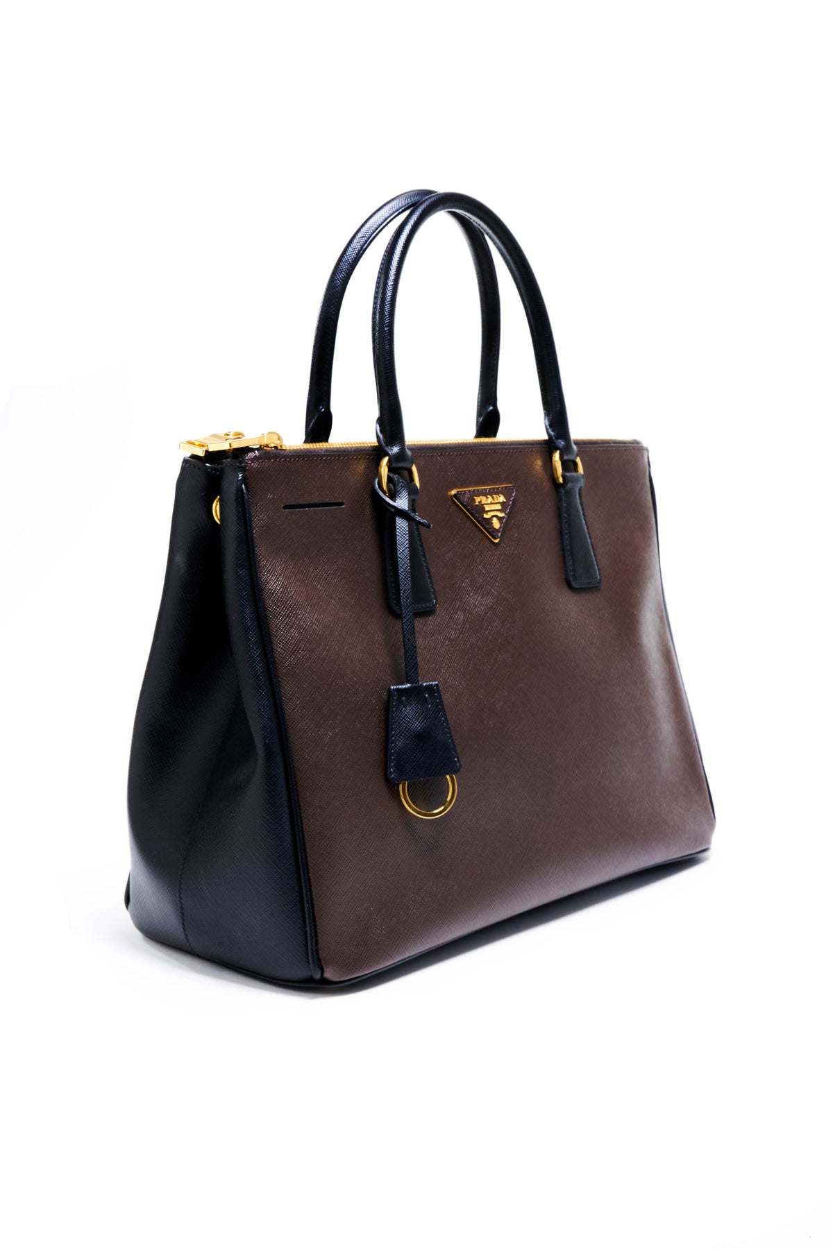 Prada Brown and Black Saffiano Galleria Double Zip Tote Purse