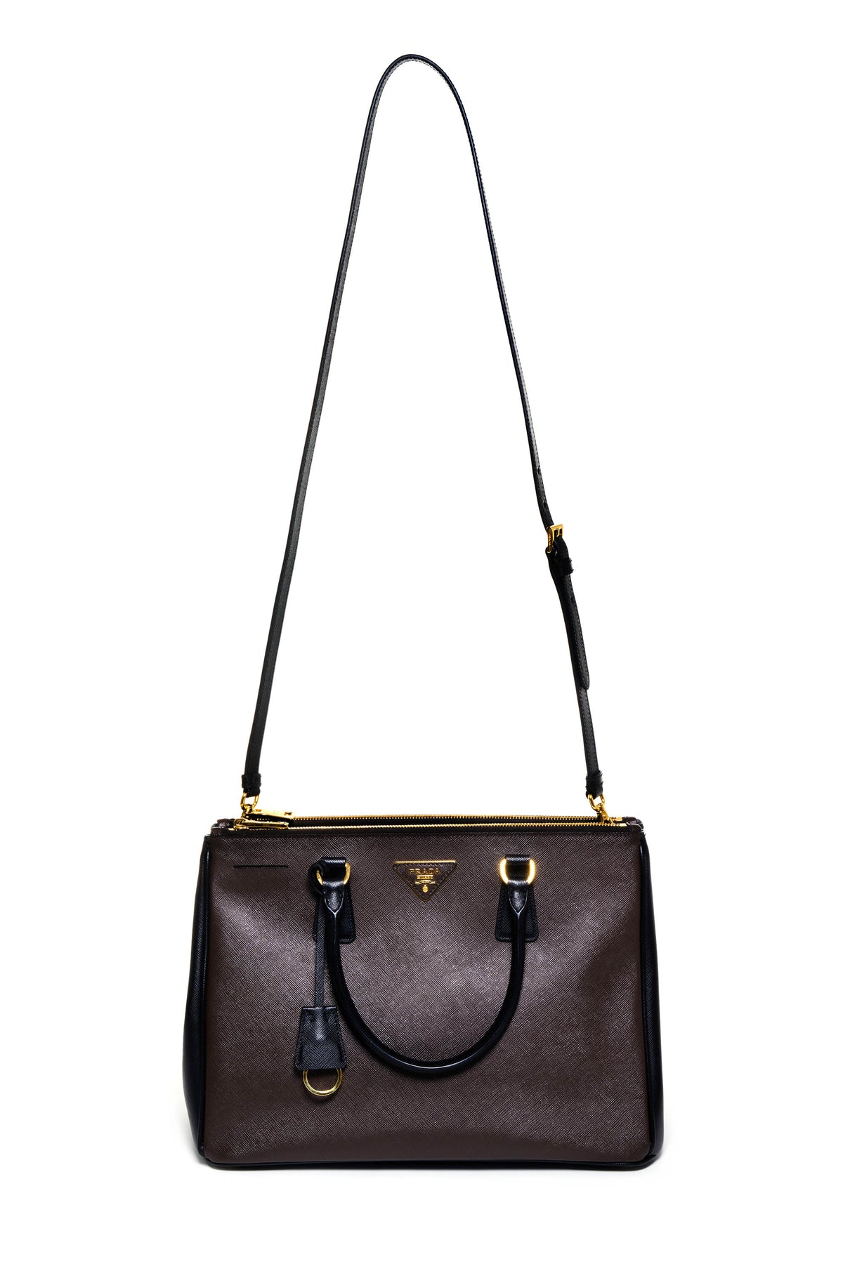 Prada Brown and Black Saffiano Galleria Double Zip Tote Purse